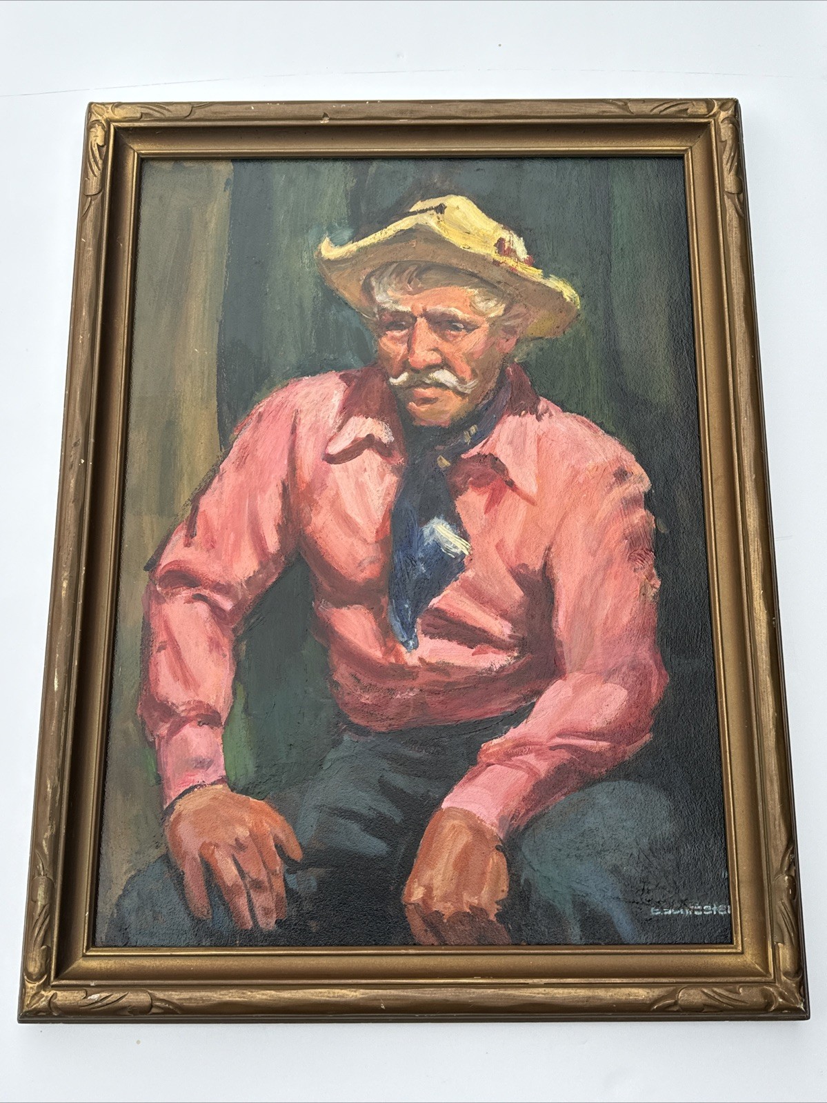 LARGE ANTIQUE PORTRAIT PAINTING MAN CARVED WOOD FRAME 22 BY 30 INCHES SIGNED OIL