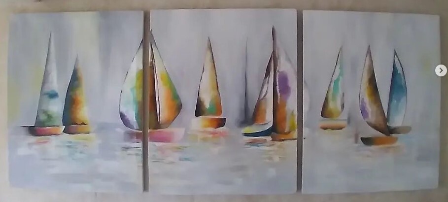Modern multicolor twist to boat landscape. Three 24×30 panels. Wet on wet tech