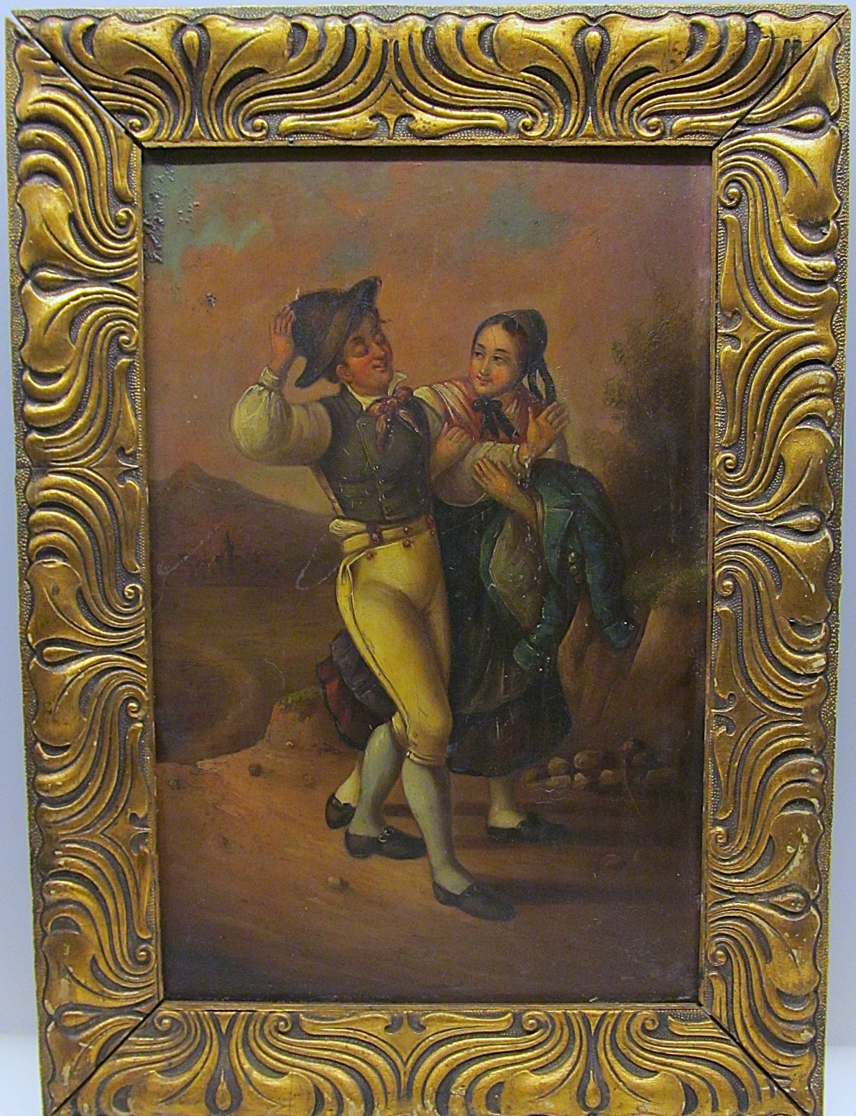 Lovers couple probably Italy around 1850 old oil painting on tin