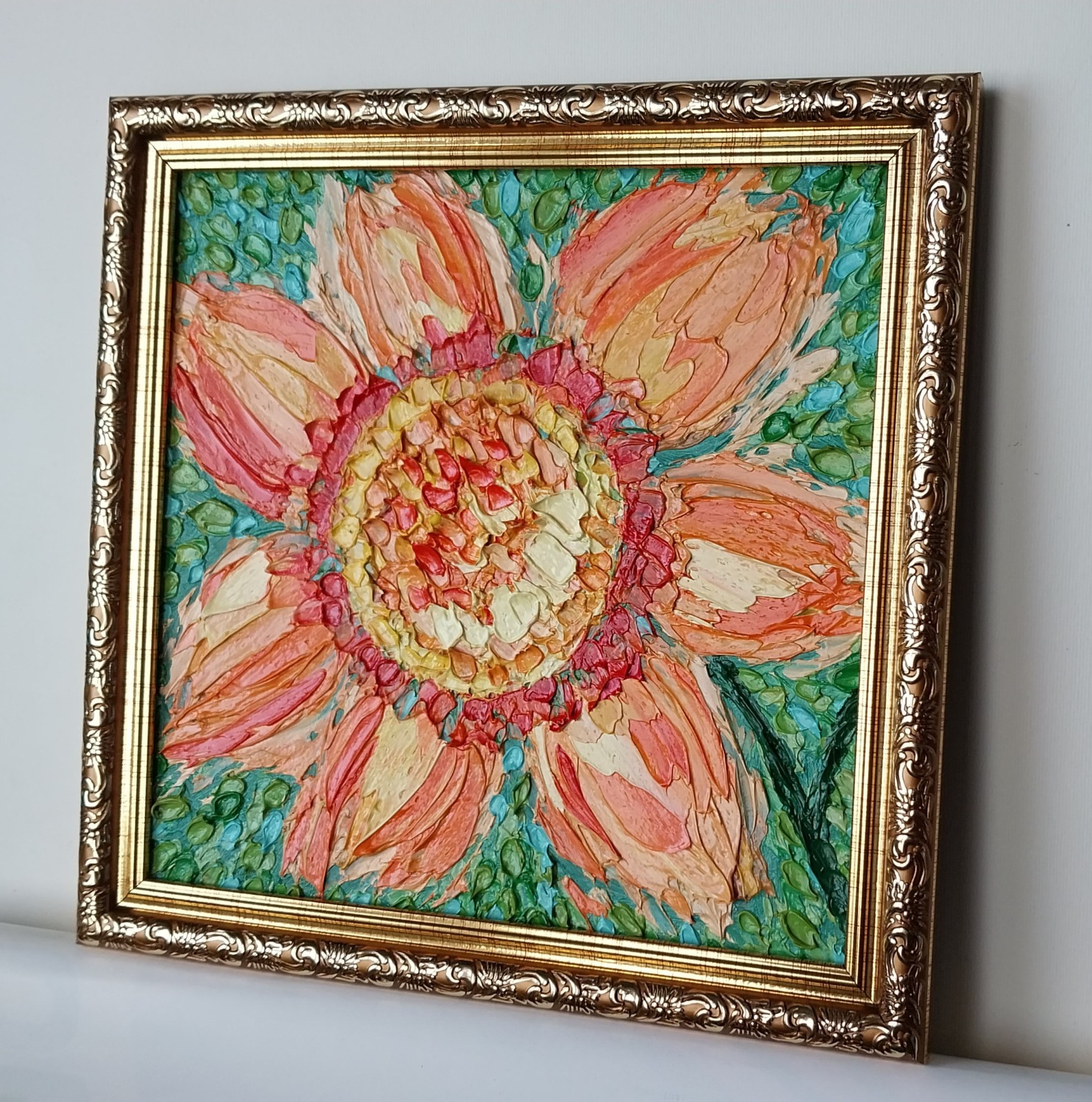 Framed Bright Sunflower Textured Flower Art 8×8” Impasto Oil Painting Original