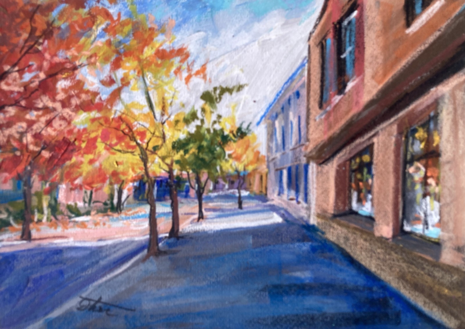 Autumn Street Scene with Colorful Trees – Original Pastel Painting – Dorothy Laz