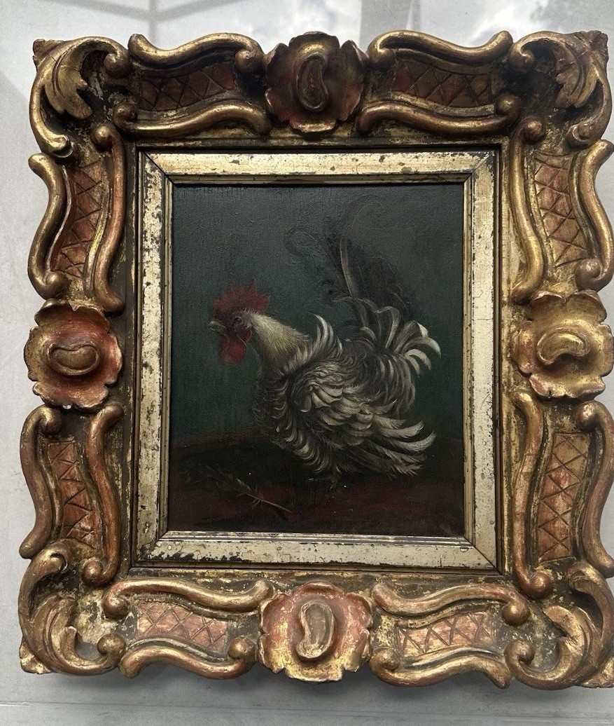 Antique Oil On Panel By Erik Richter 1889-1981 «Fighting Cock» Listed Artist
