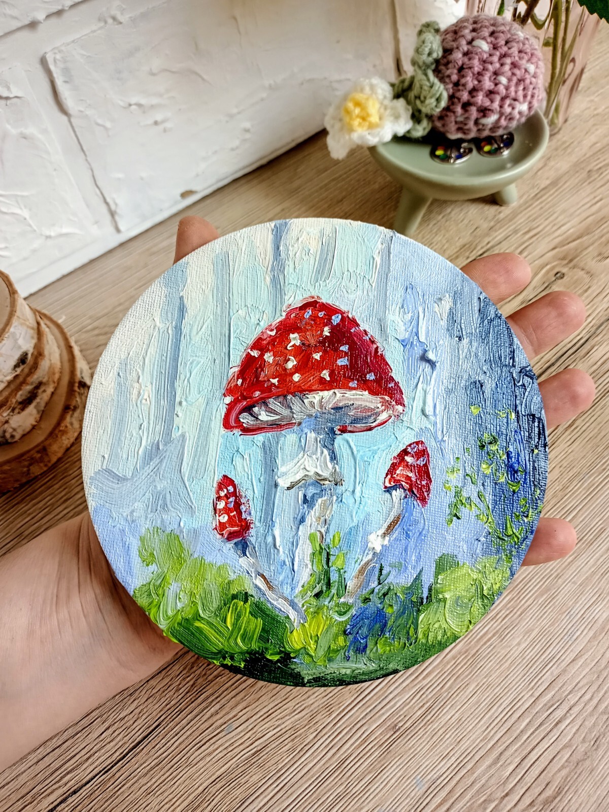 Toadstool Oil Painting 15cm Round Forest Landscape Painting on Painting Board