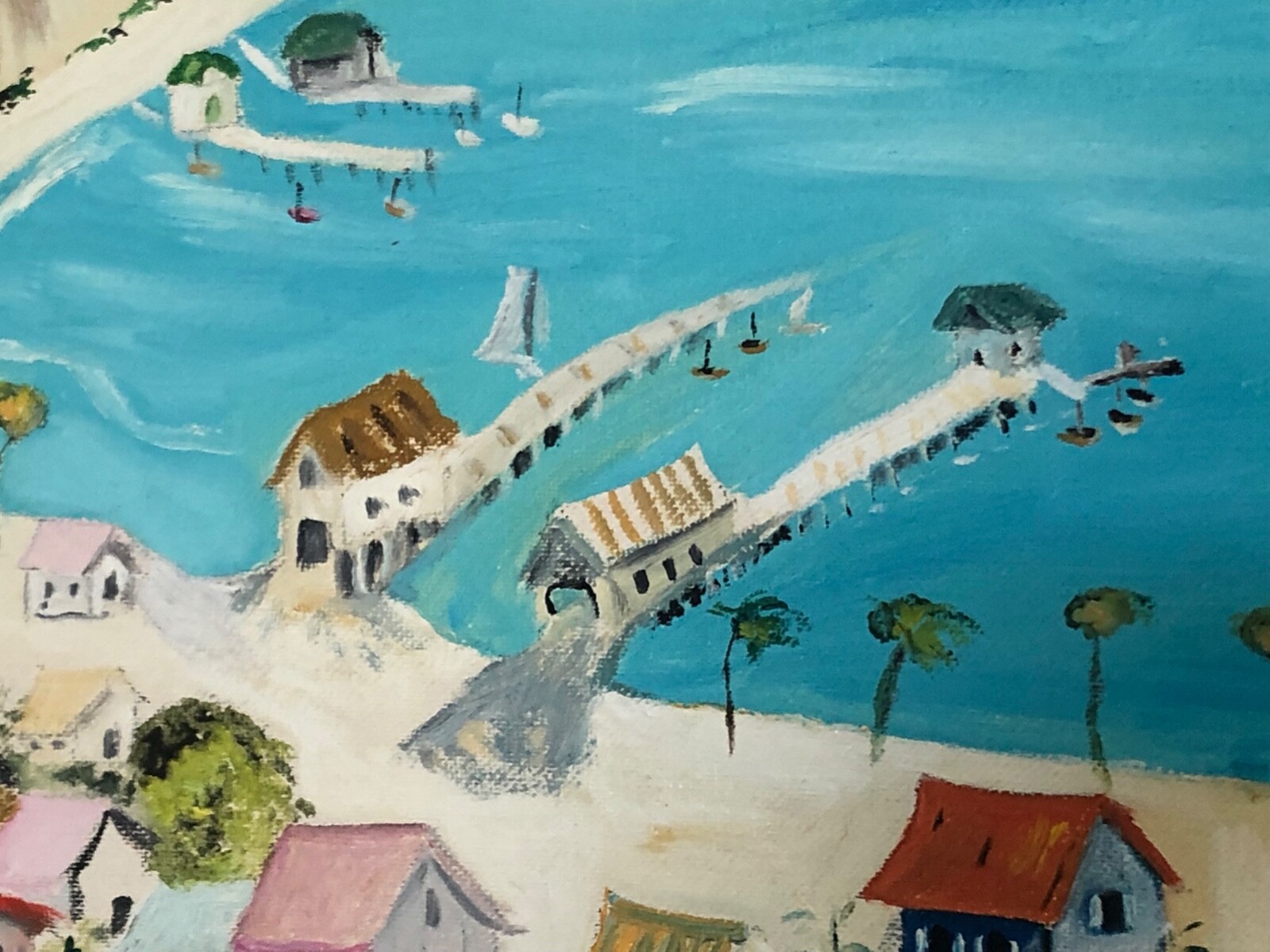 Coastal small town Painting signed by Marcy – framed in good condtion dated 1970