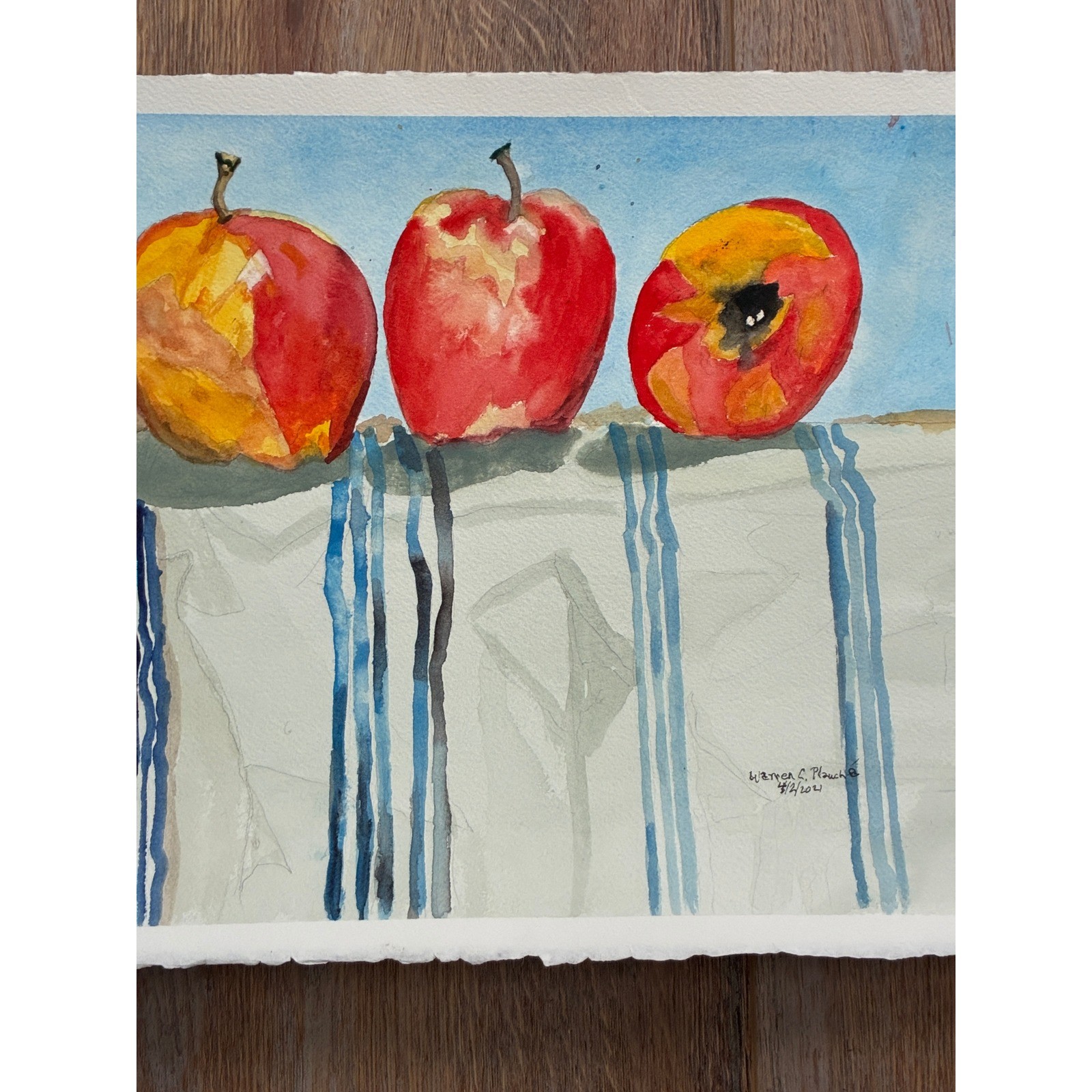 Three Apples Original Watercolor Painting Still Life 2021 Warren C. Plauche