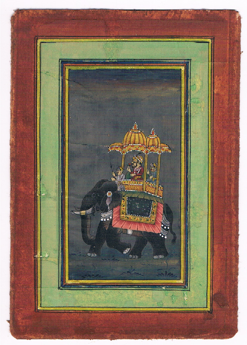Indian Miniature Painting Of Mughal King Riding On Elephant On Paper 3.75X5″