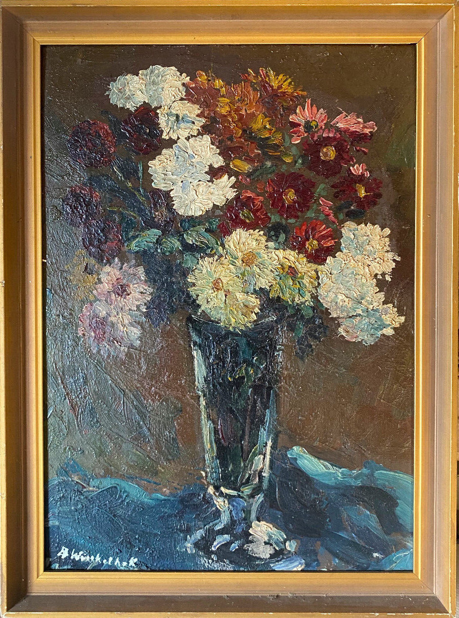 Oil painting by August Winkelhock Still Life Flowers in Vase Gerbera Blossoms