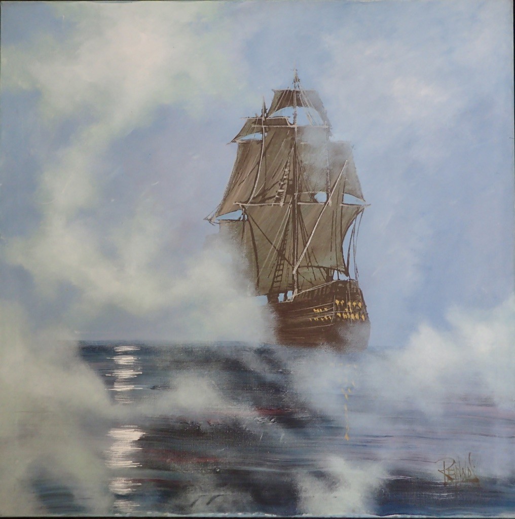 Vintage Lee Reynolds Vanguard Studios Oil Painting Sailing Ship in Fog 40″ x 40″