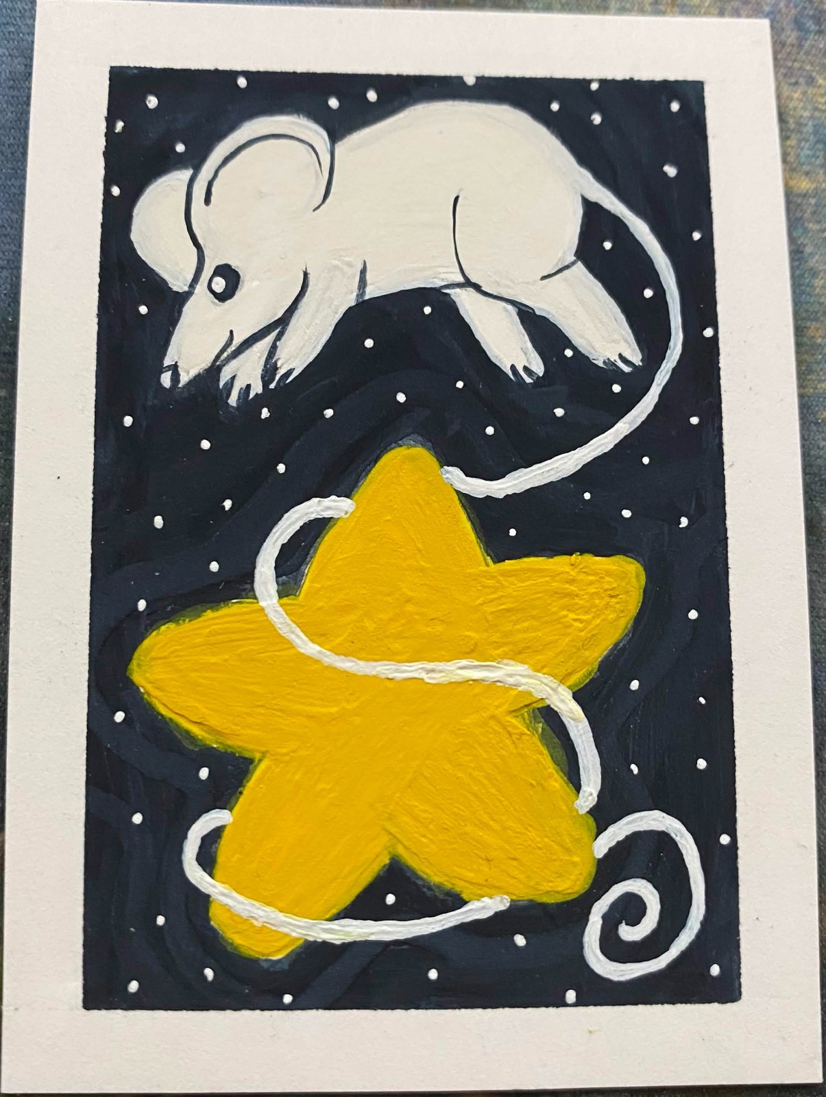 ACEO Original Mouse Mice Space Stars Miniature Painting Art Cute OneCraftyLady