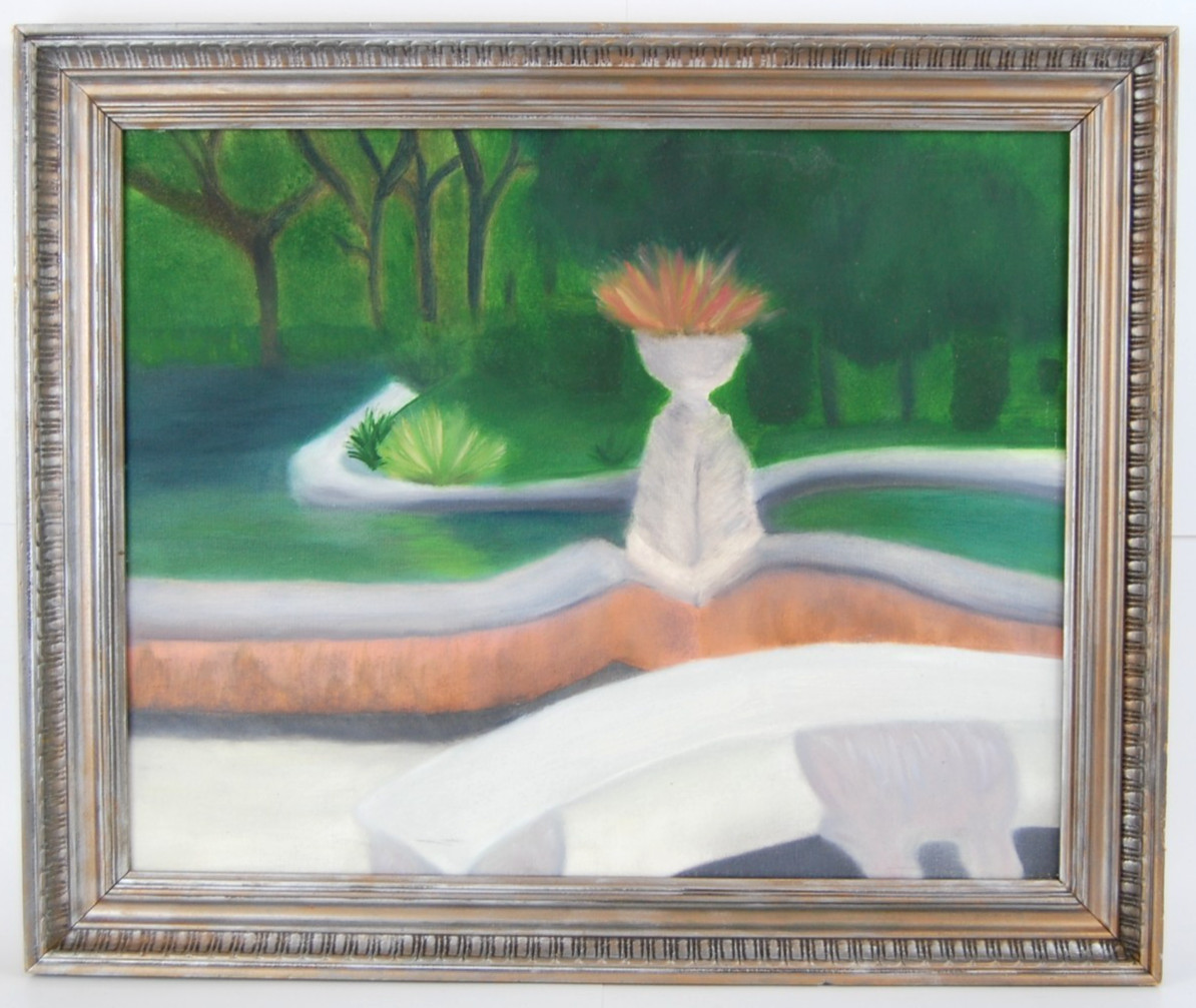 Vtg 80s Original Framed Naive Art Oil Painting «Garden & Forest Landscape» 20X16