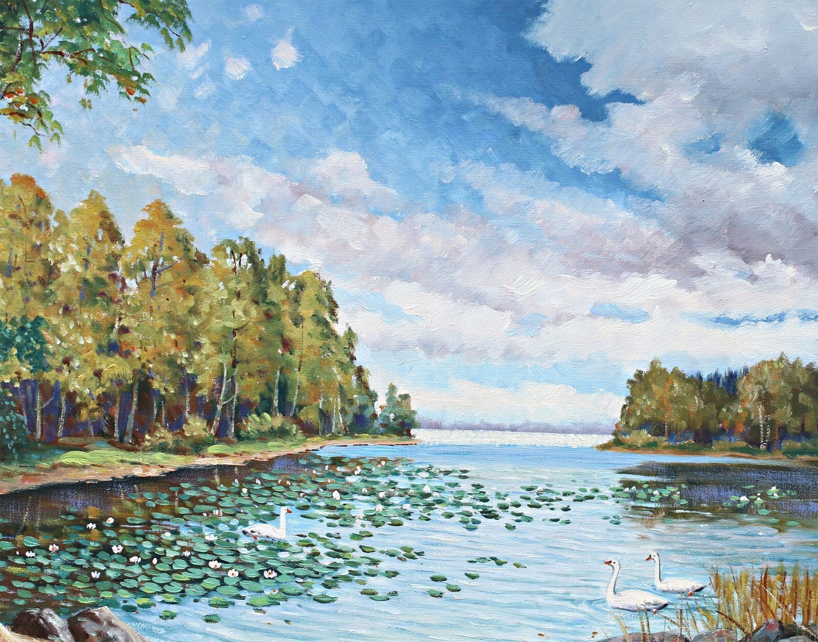 Torsten Mueller – Summer Landscape With Lake – Oil Painting On Canvas – Signed