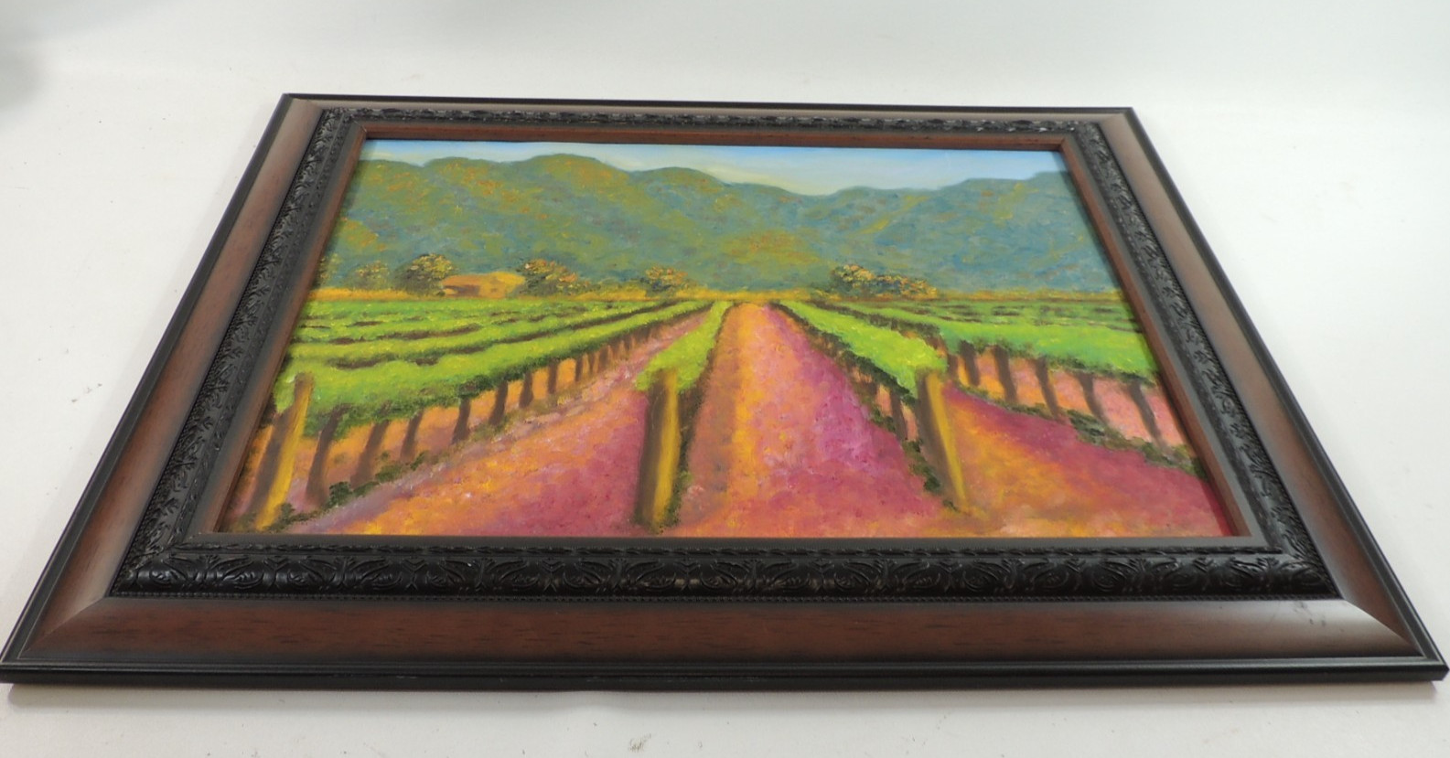 Original Painting Springtime Vineyard in the Foothills Brilliant Colors Framed