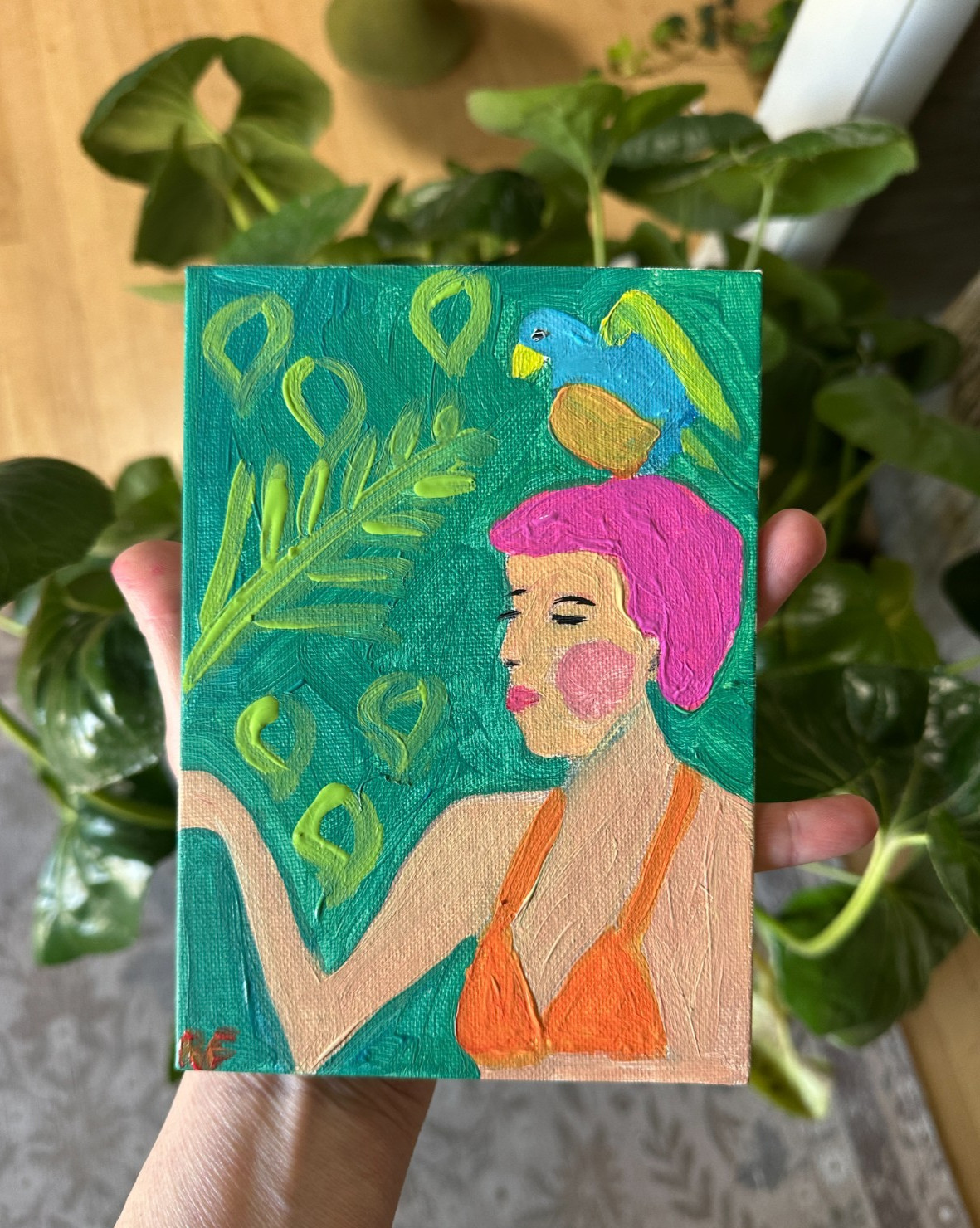 Original Woman in Bikini with Bird Painting 5×7 acrylic art pink hair