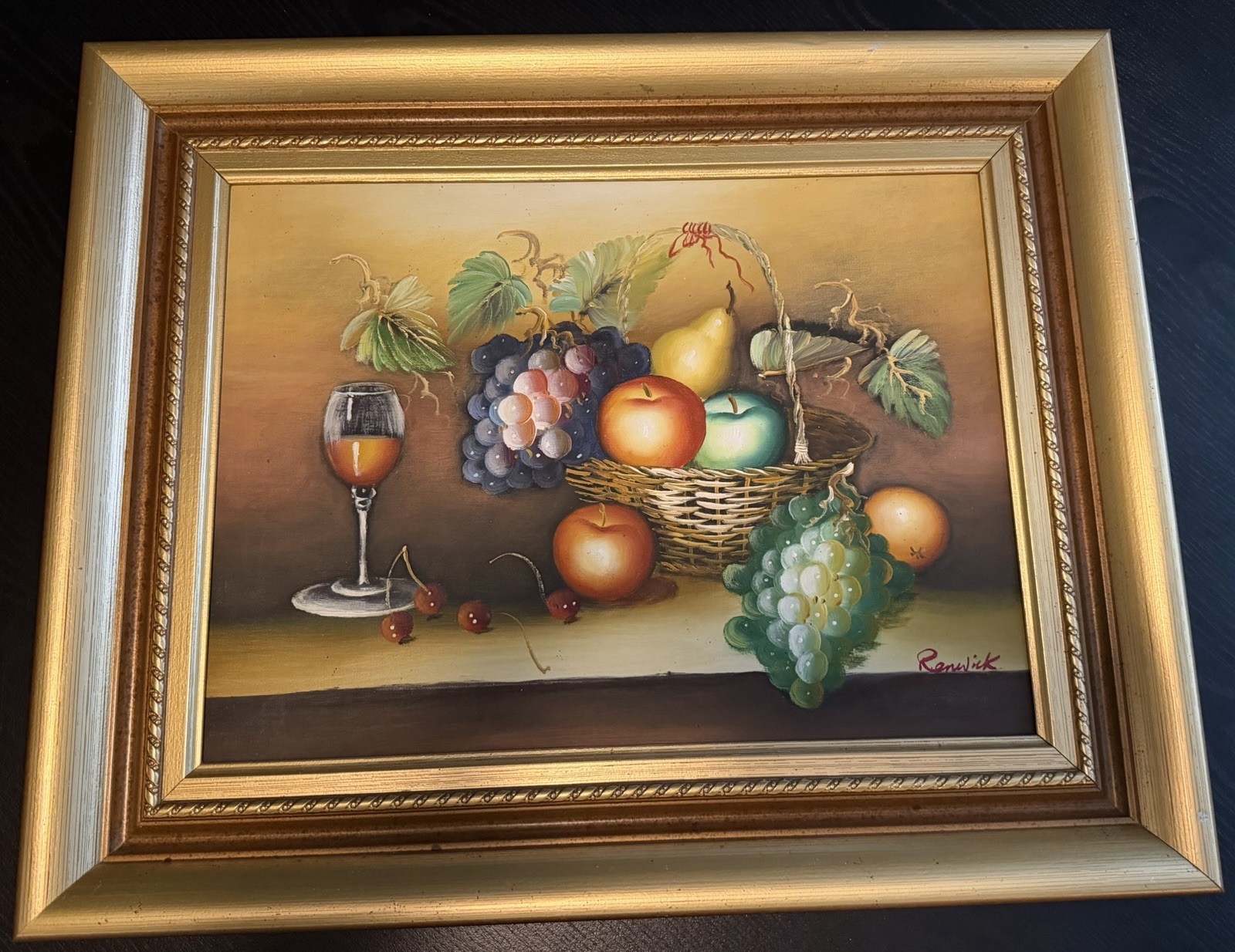 Renwick Signed Oil Painting Still Life Fruit and Wine Gold Framed Vintage Art