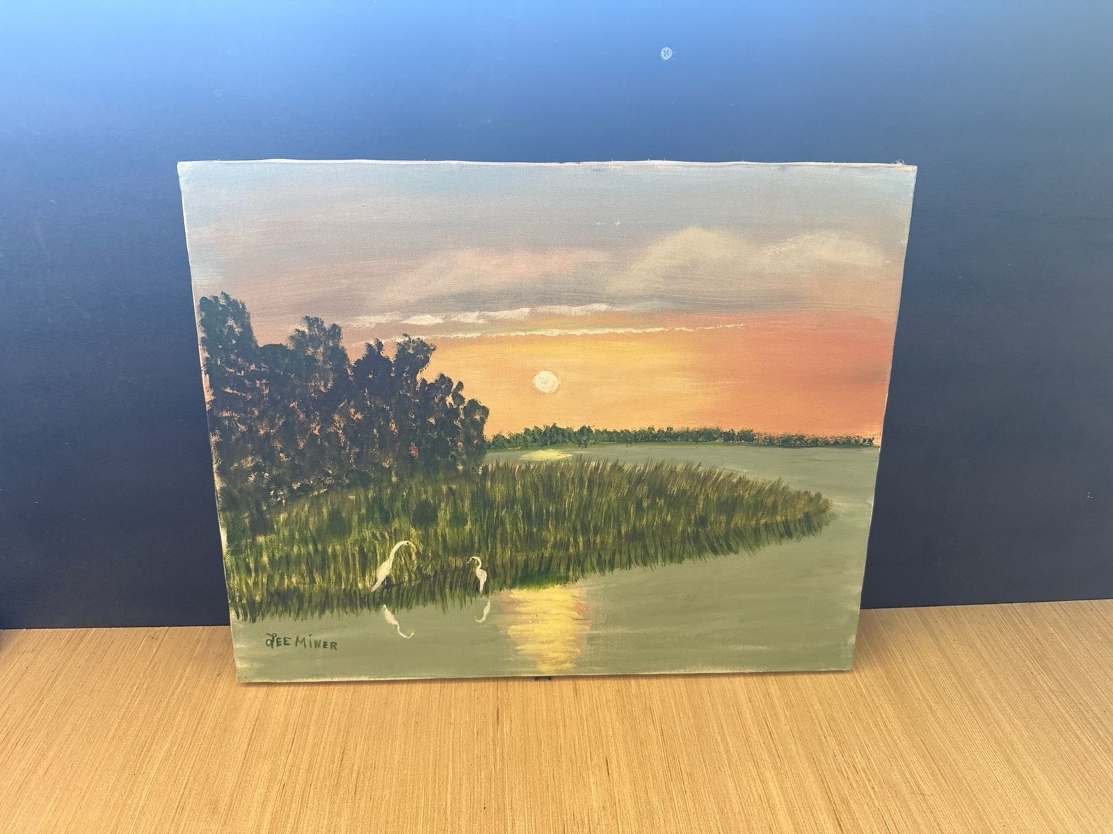 Dee Miner Original Sunset Marsh Oil Painting with Herons and Egrets
