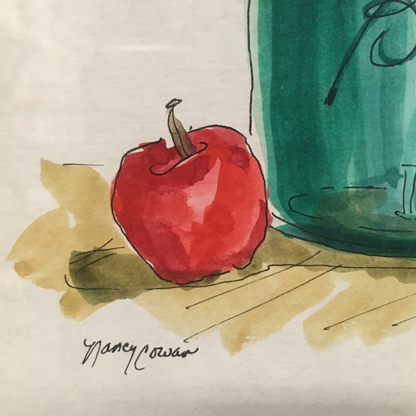 Nancy Cowan Signed Matted Framed Watercolor Blue Green Ball Jar Apple and Pear