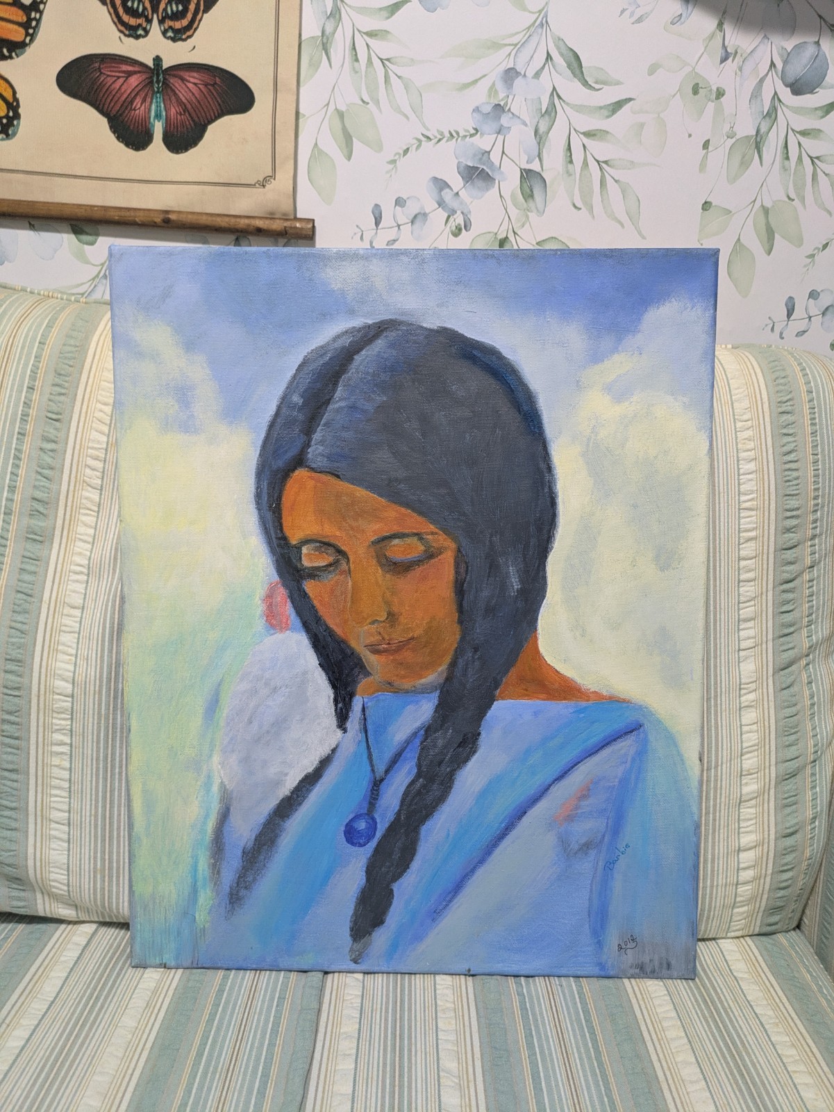 Original 16×20 Native American Girl Portrait Painting On Canvas