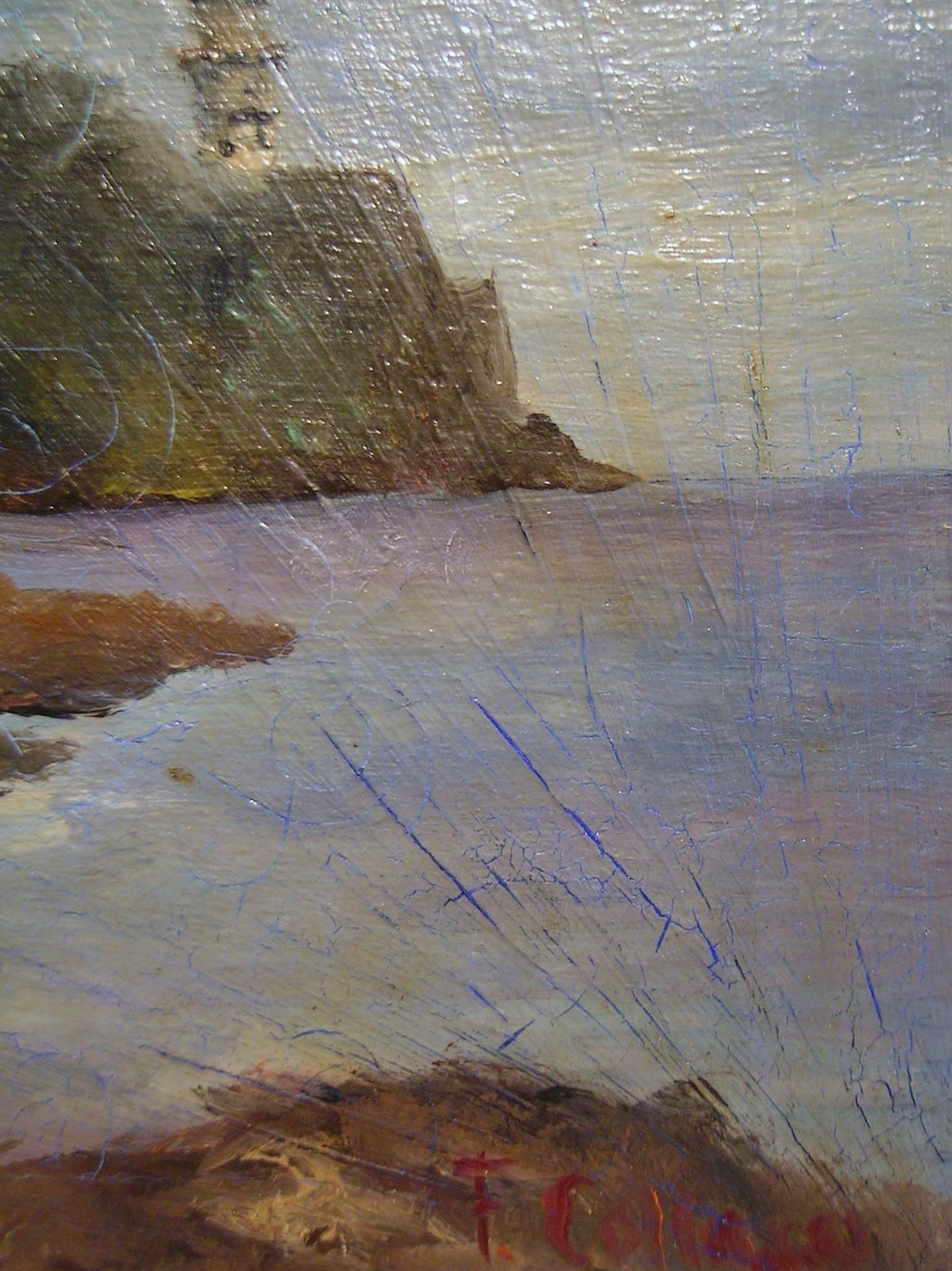 Antique Landscape Coastal Lighthouse Oil Painting Signed