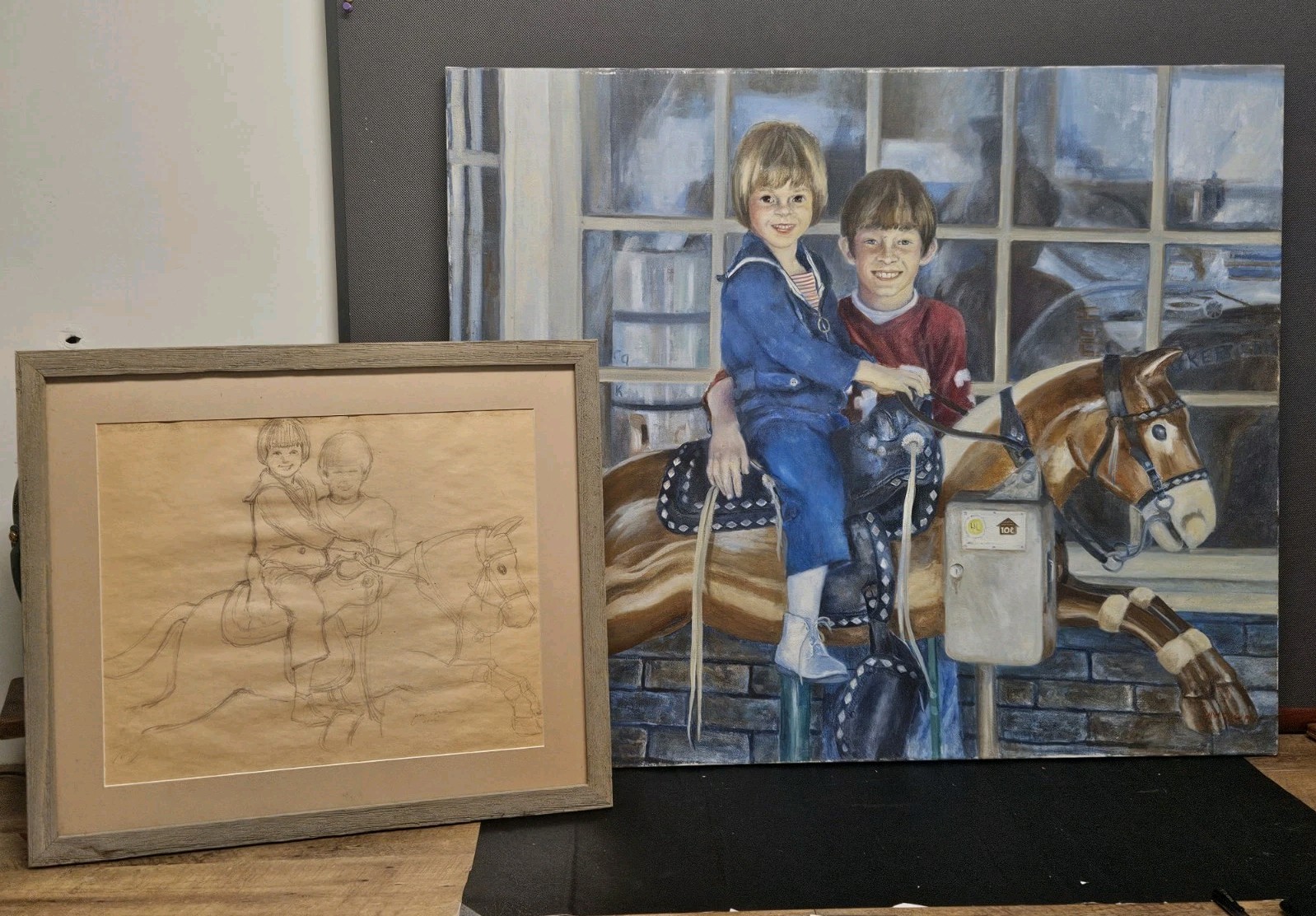 Vintage Nostalgic Americana Art Set Oil Painting & Preliminary Pencil Sketch