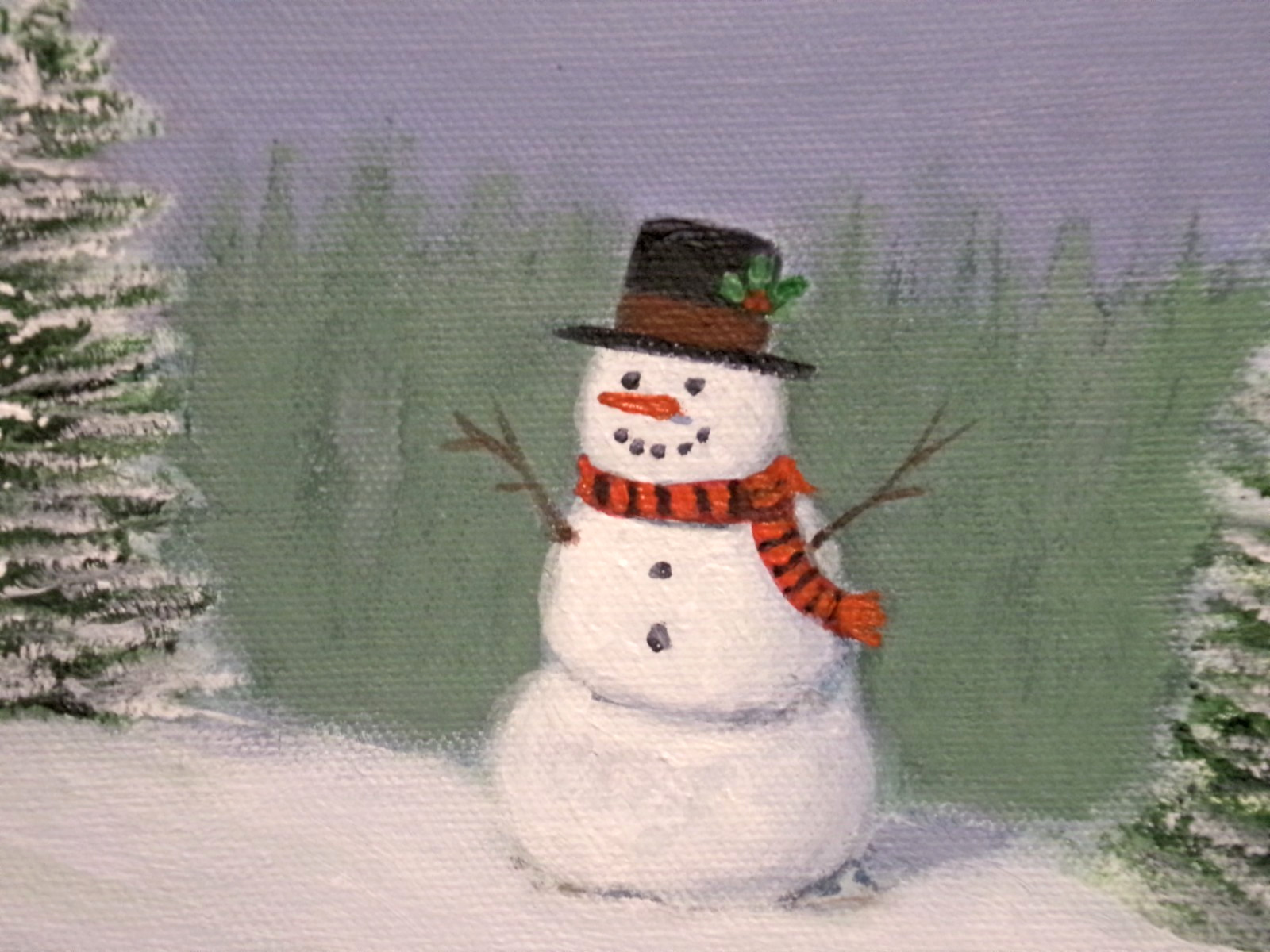 Original Painting Snowman Winter Christmas Landscape 5×7 Modern Wall Art Decor