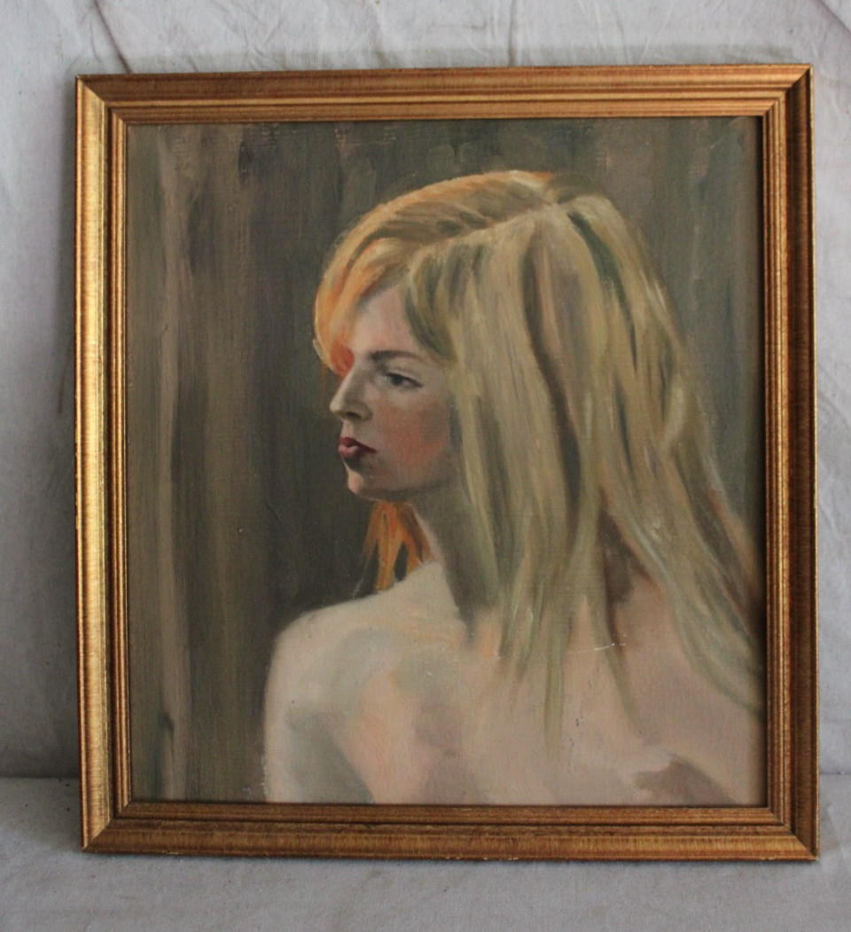ORIG VINTAGE OIL PAINTING PORTRAIT BEAUTIFUL BLOND WOMAN GIRL FRAMED FOLK ART