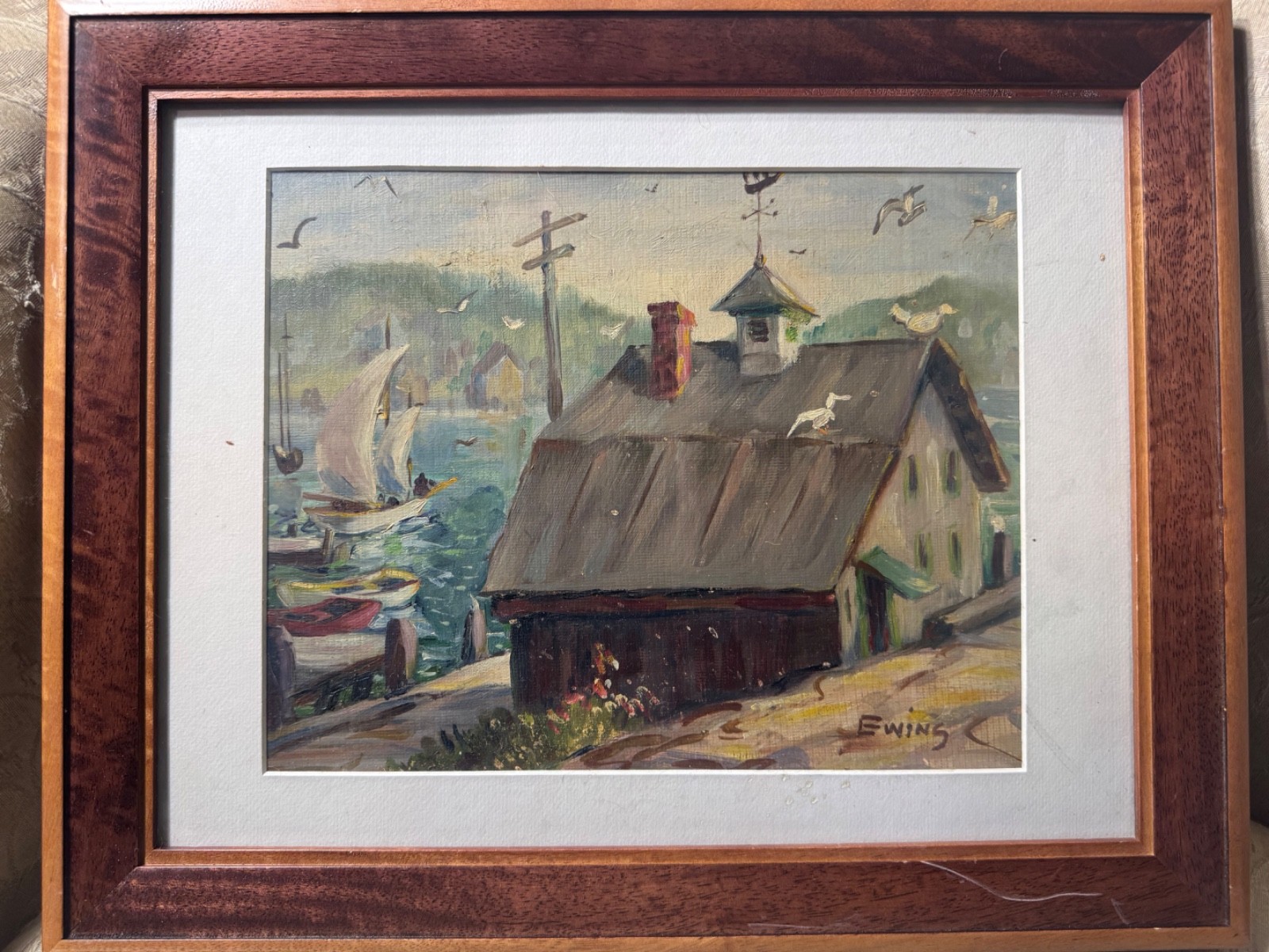 Florence Prince Ewing «Harbor Landscape Scene» Oil Painting – Signed/Framed