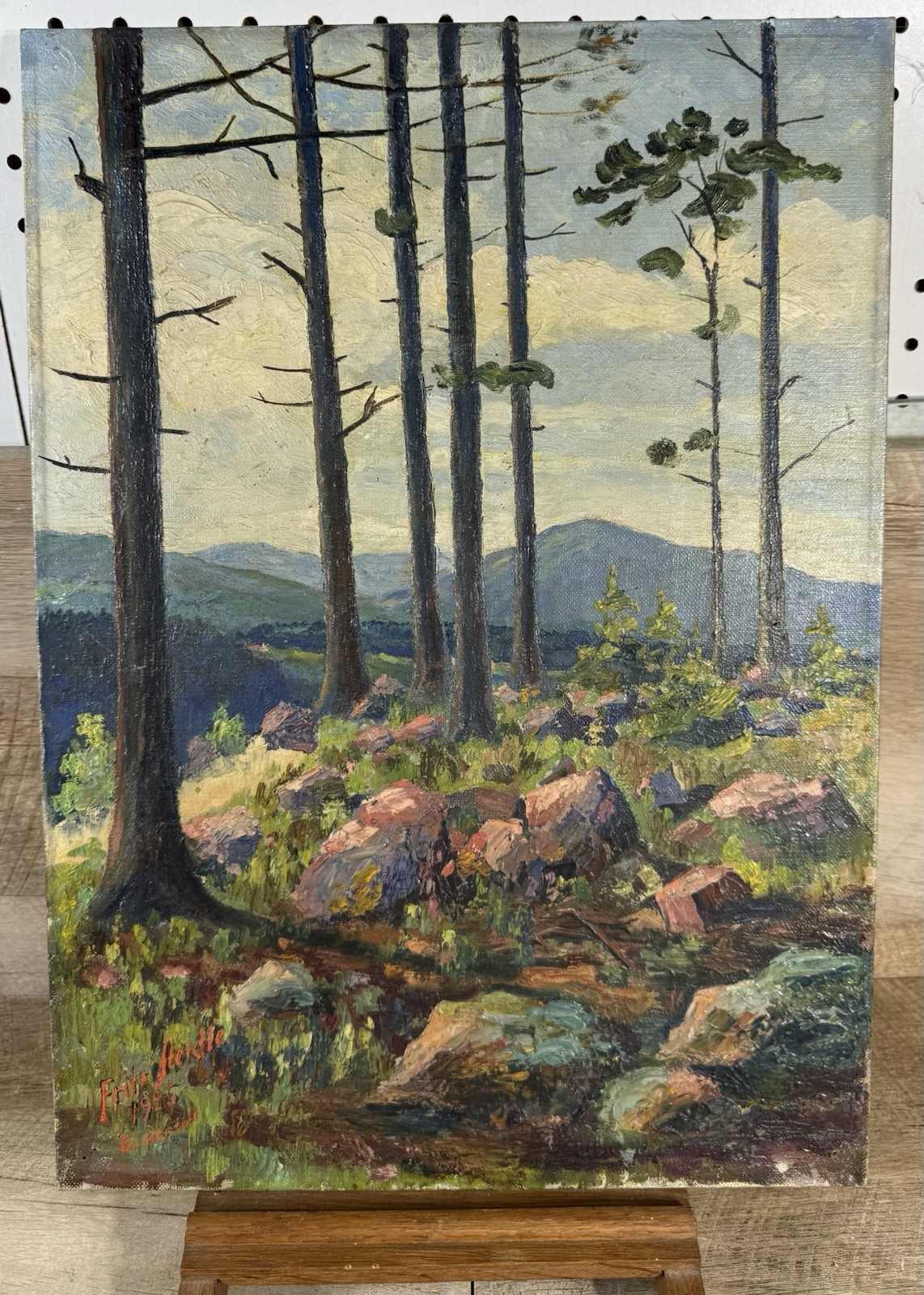 1925 Fritz Heidle German Forest Landscape Oil On Canvas Pines Alpine