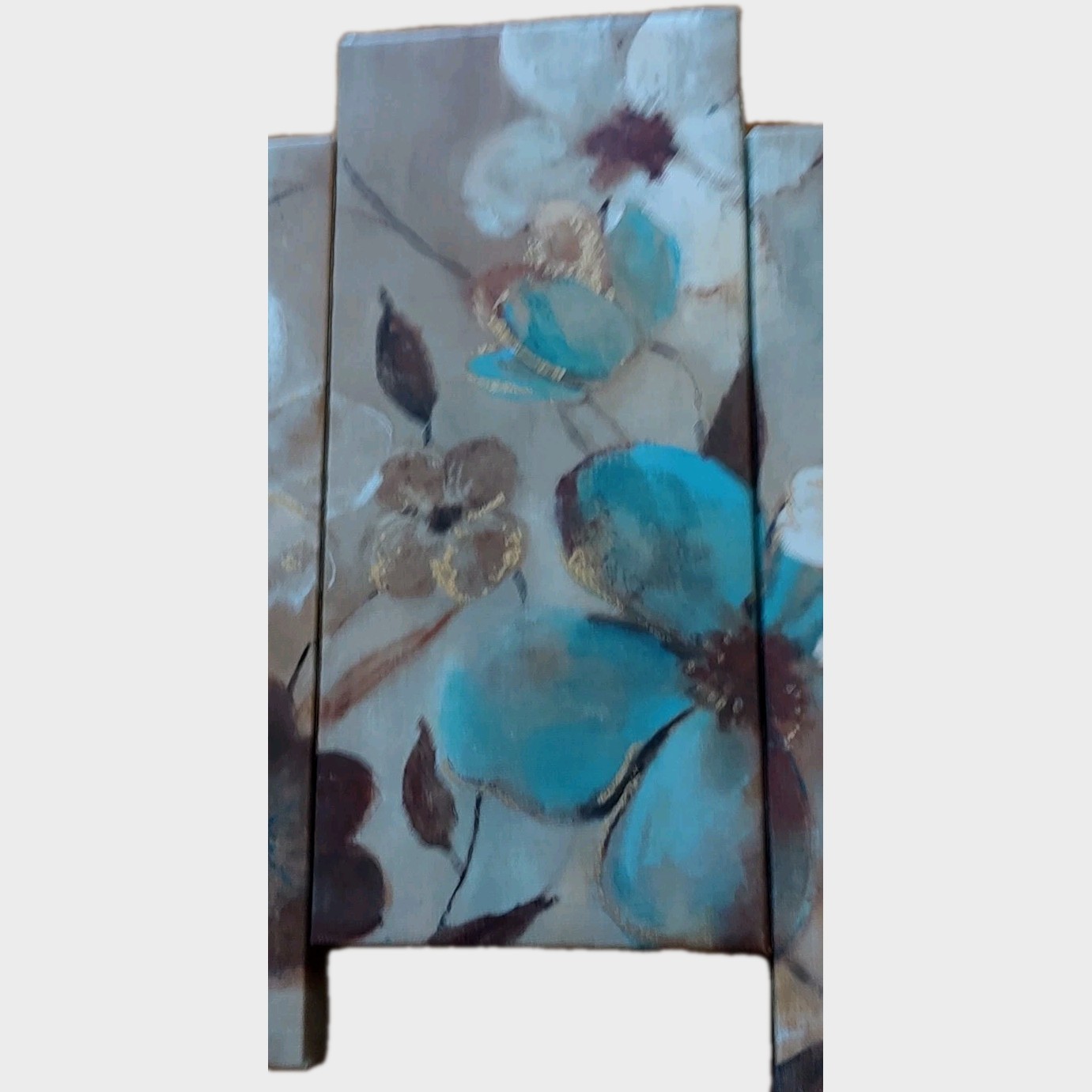 5 Panel Canvas Wall Art Teal/Beige Flowers With Gold Embossing