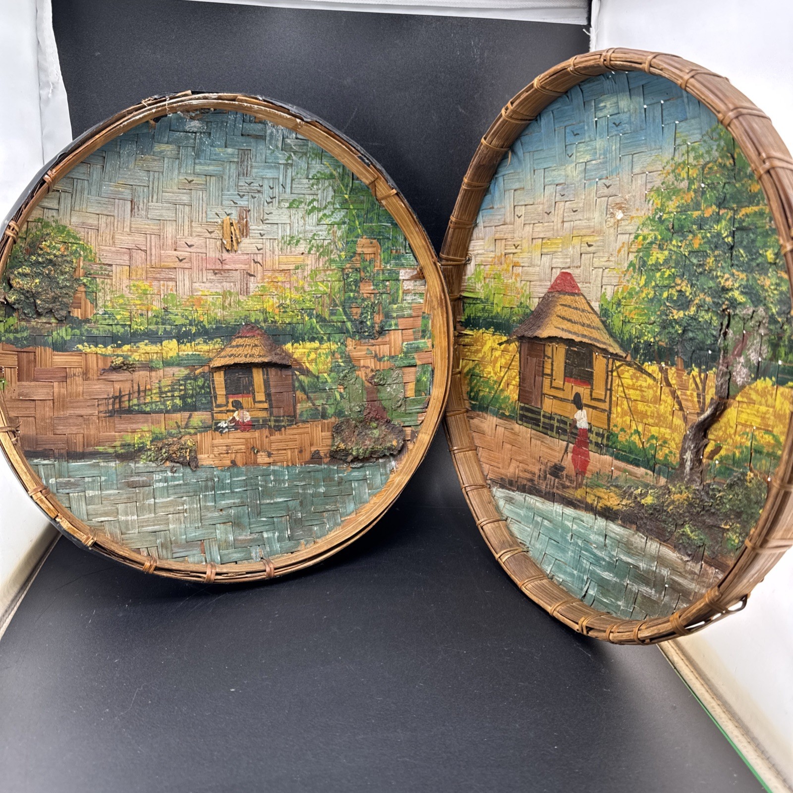 Vintage Scenic Painting On Basket Tropical Agriculture Aignacio 1945 Boy Ox Cart