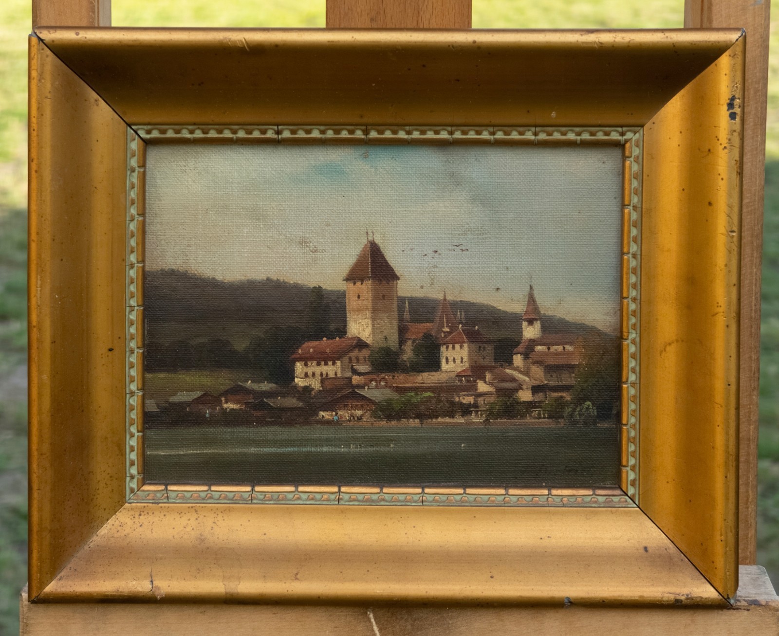 Antique Oil Painting Switzerland, Signed Schloss Oberhofen at Lake Thun—Framed