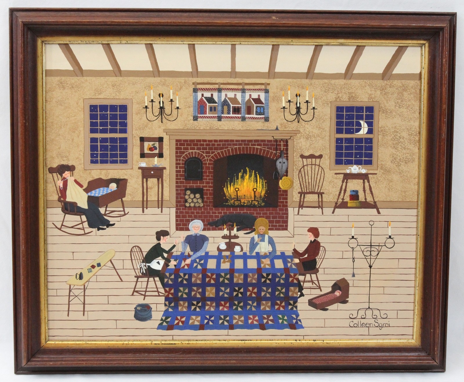 Colleen Sgroi 16×20 Vintage Oil Painting Folk Art Quilting Bee Women Baby Dog