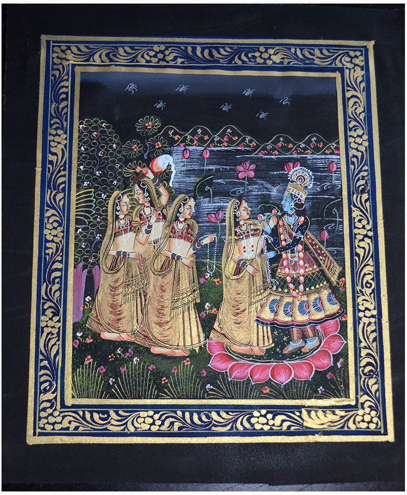 Original Radha Krishna Miniature Indian painting on silk cloth natural colors