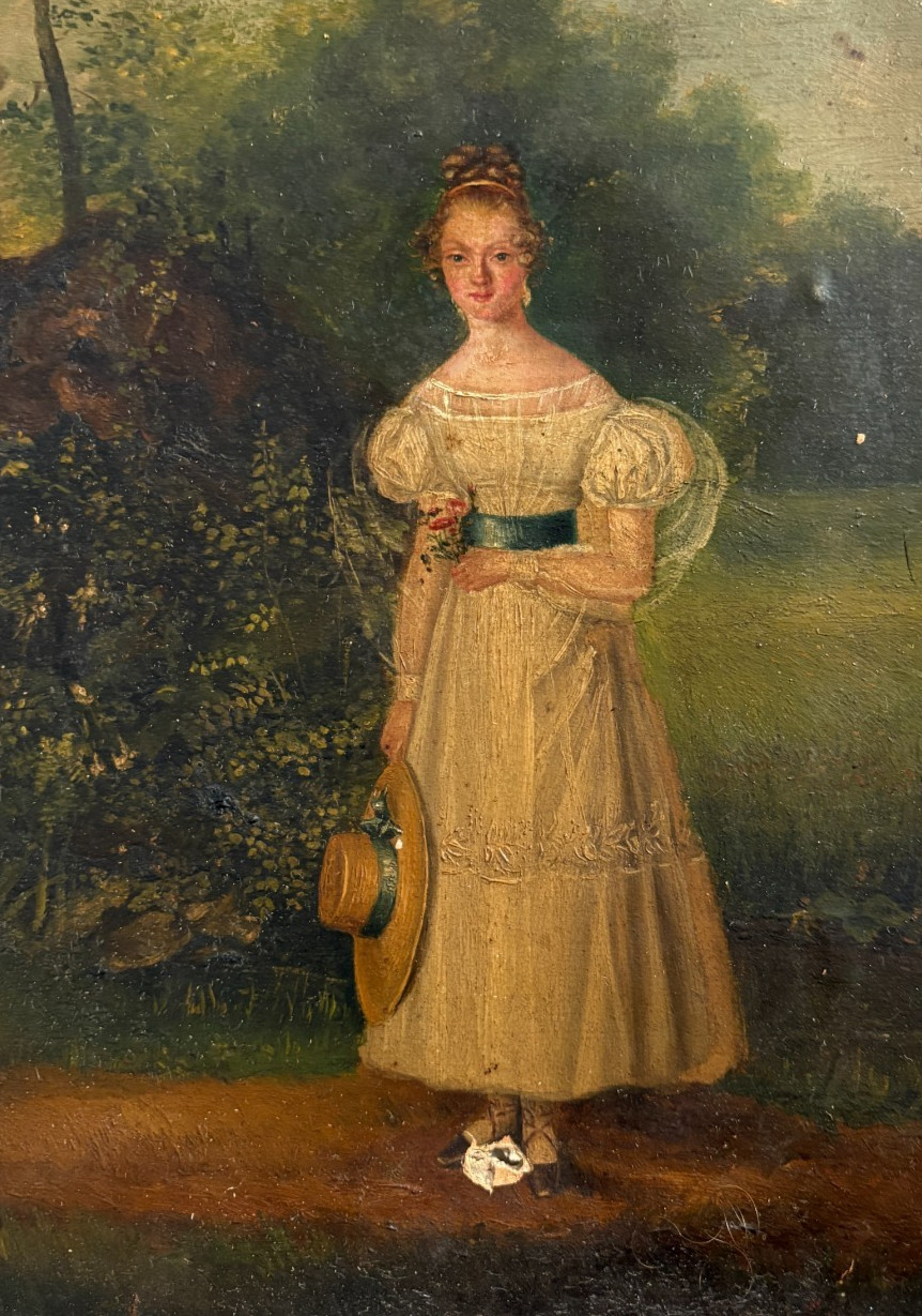 Portrait People Woman Hat – Painting Antique Original 19th century