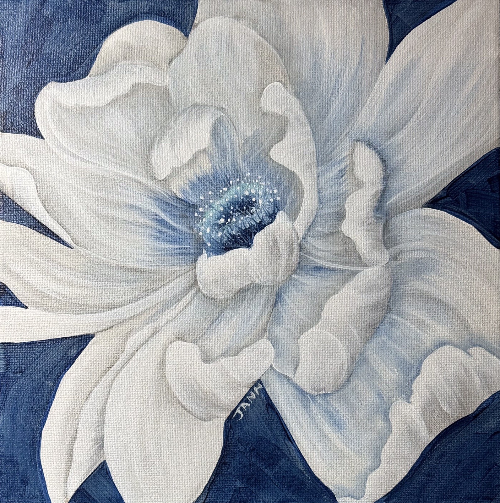 WHITE/BLUE Shabby Chic PEONY Acrylic Painting~10×10~~Jann Mendenhall~~🖌️🖌️🖌️