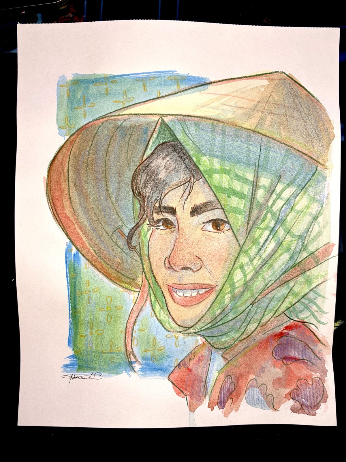 Original Asian Worker Painting By Alannah Dyer- Acrylic 8.5×11 in. Cultural Asia