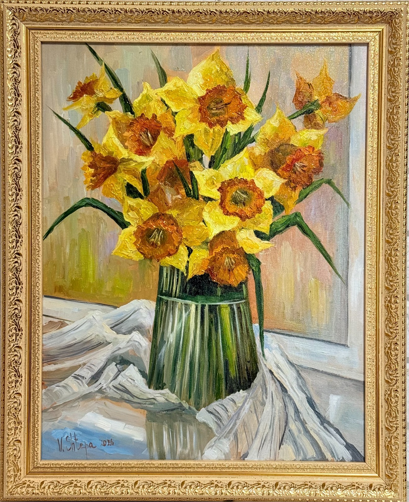 Blooming Flowers Daffodils Painting Original Oil Impressionism Art FRAMED 17×21″