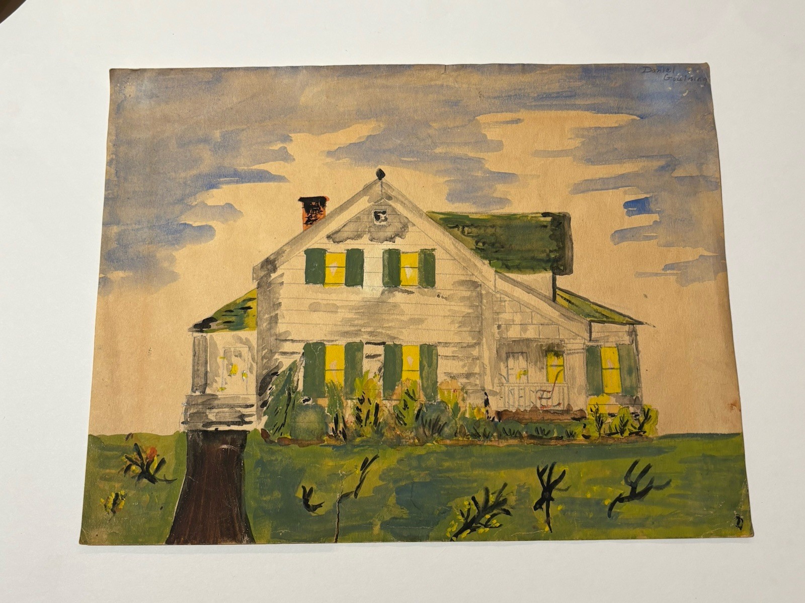 Vintage Folk Art House Garden Painting Watercolor Gouache? Sky Farm 70’s 80’s