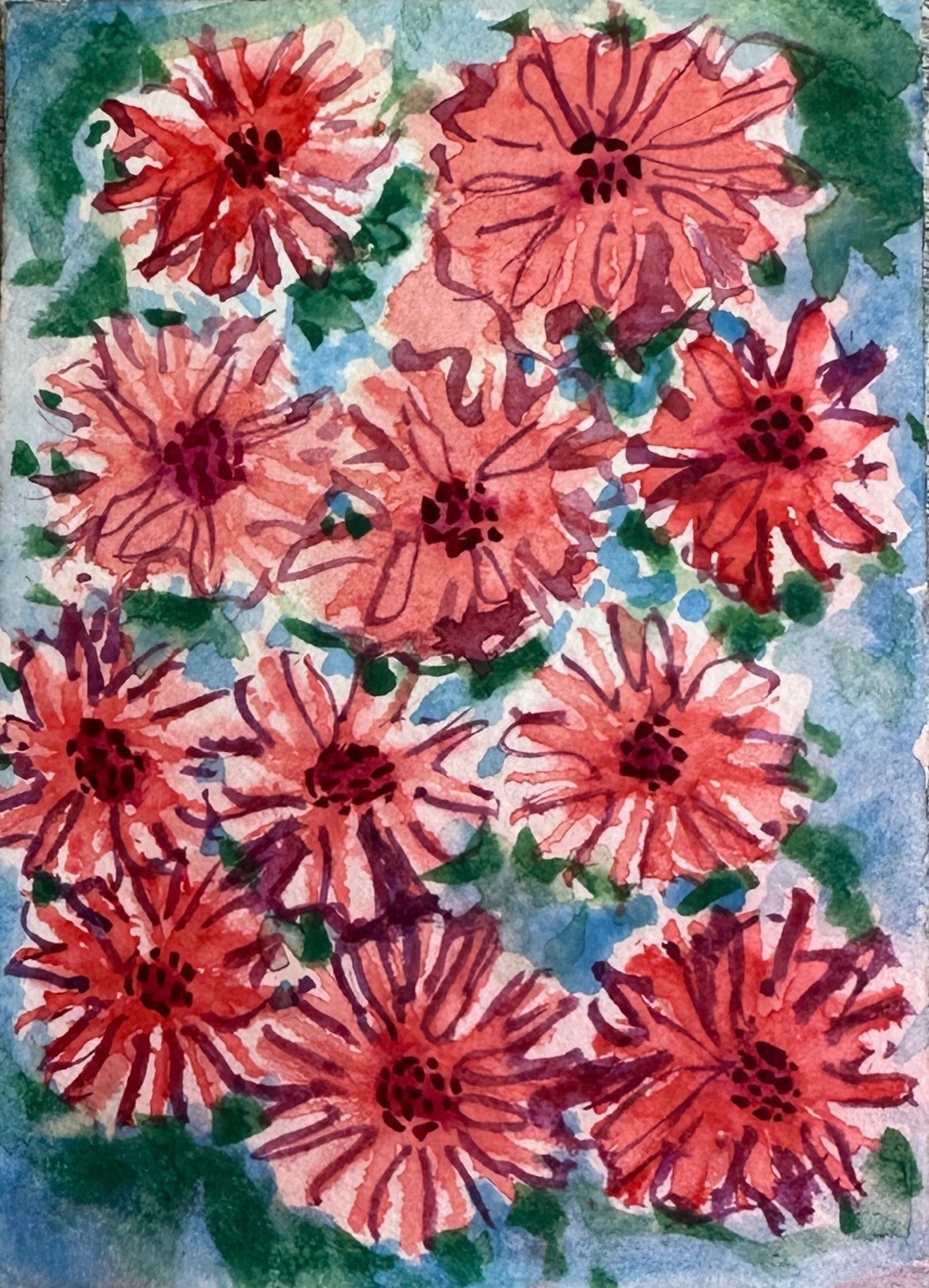 ACEO Original Watercolor Red Flower Garden Art by Bri Sander 3.5 x 2.5” OOAK ATC