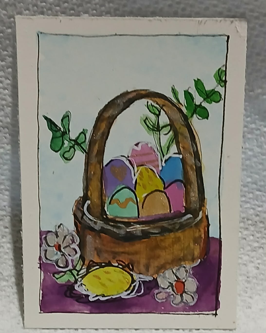 Easter Basket Delight – OOAK Watercolor & Ink ACEO by Virginia | Spring Mini Art