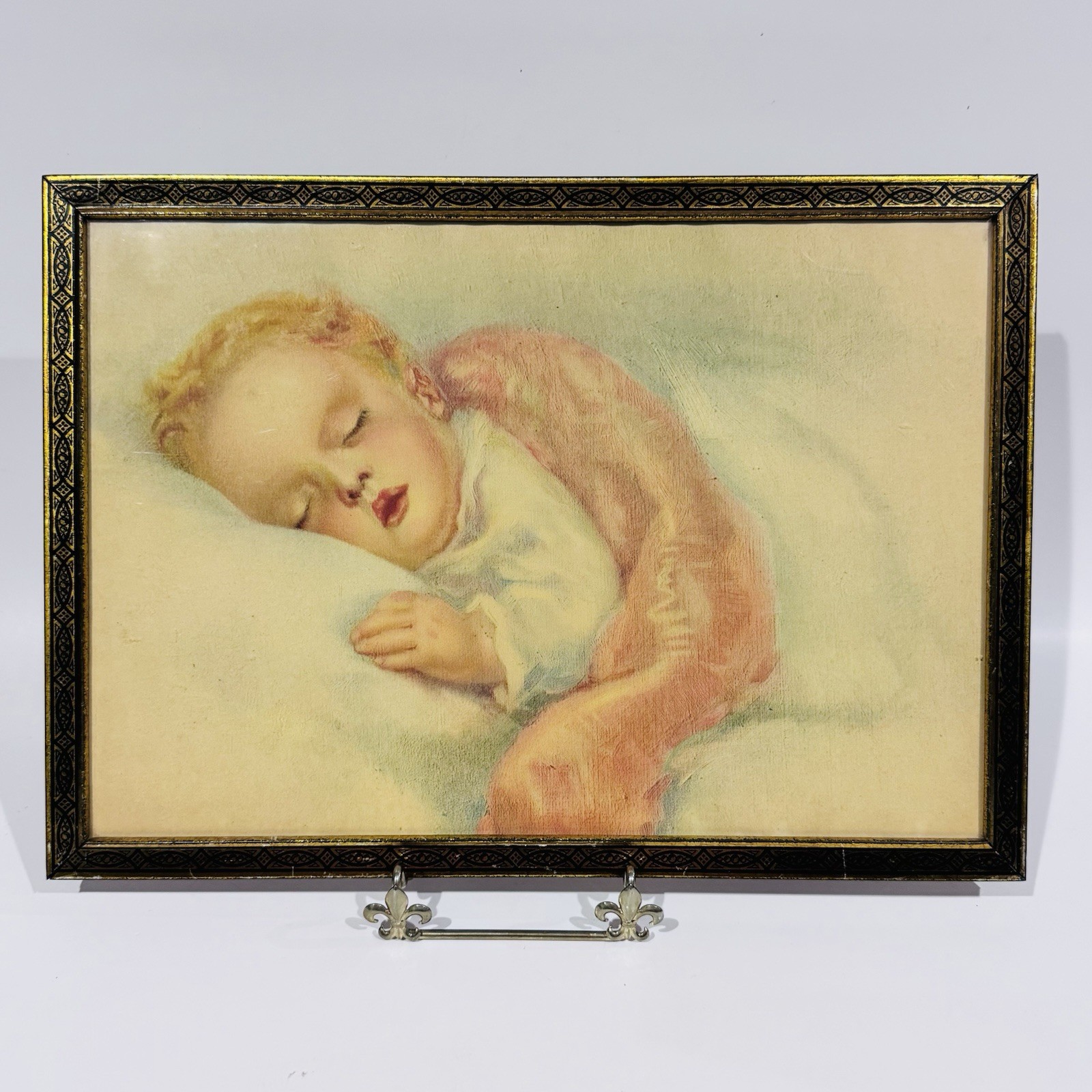 Vintage Pastel Painting of a Sleeping Baby Gold Color Frame w Black Scroll 16×14