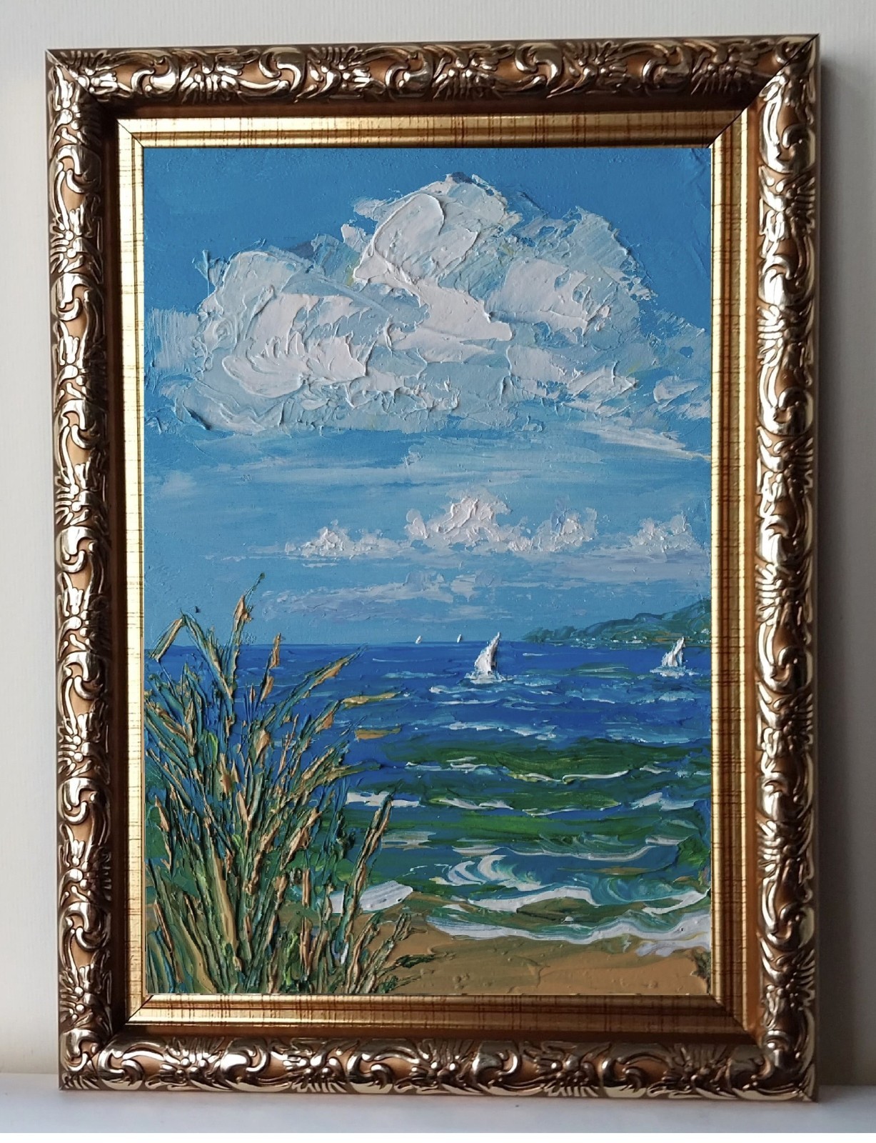 Framed Calm Seascape Sailboats Cloudy Sky Coast Reeds 4×6” Oil Painting Original
