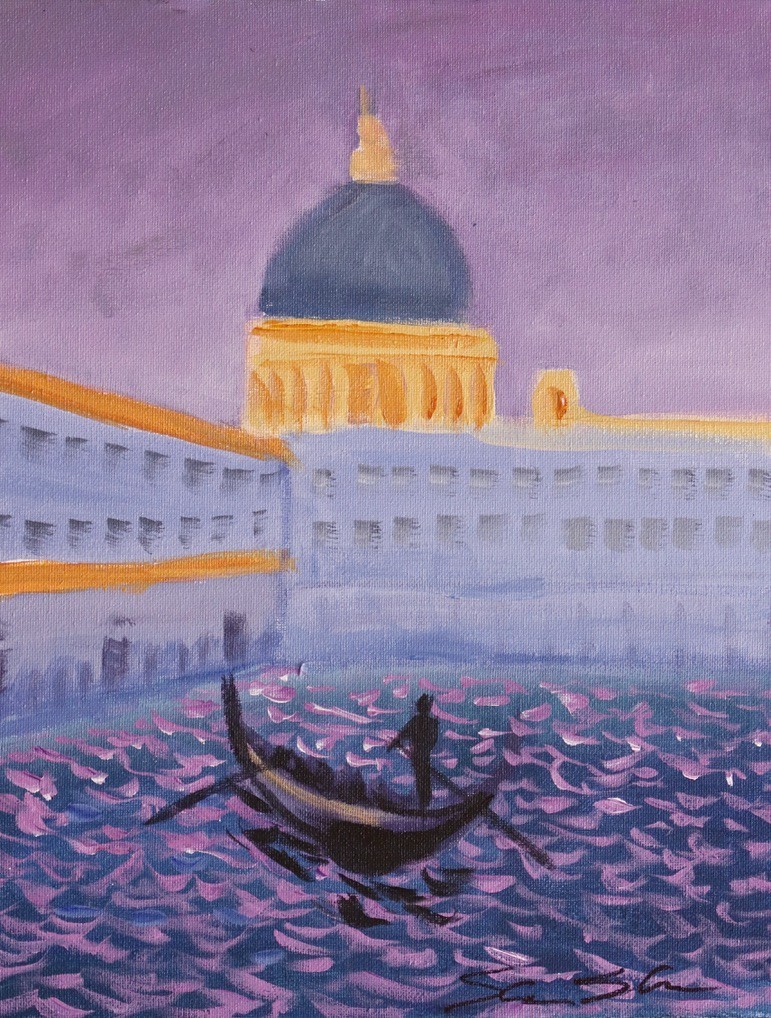 ShawNshawN Venice Original Painting on Canvas 11×14 Gondola Sunset Seascape