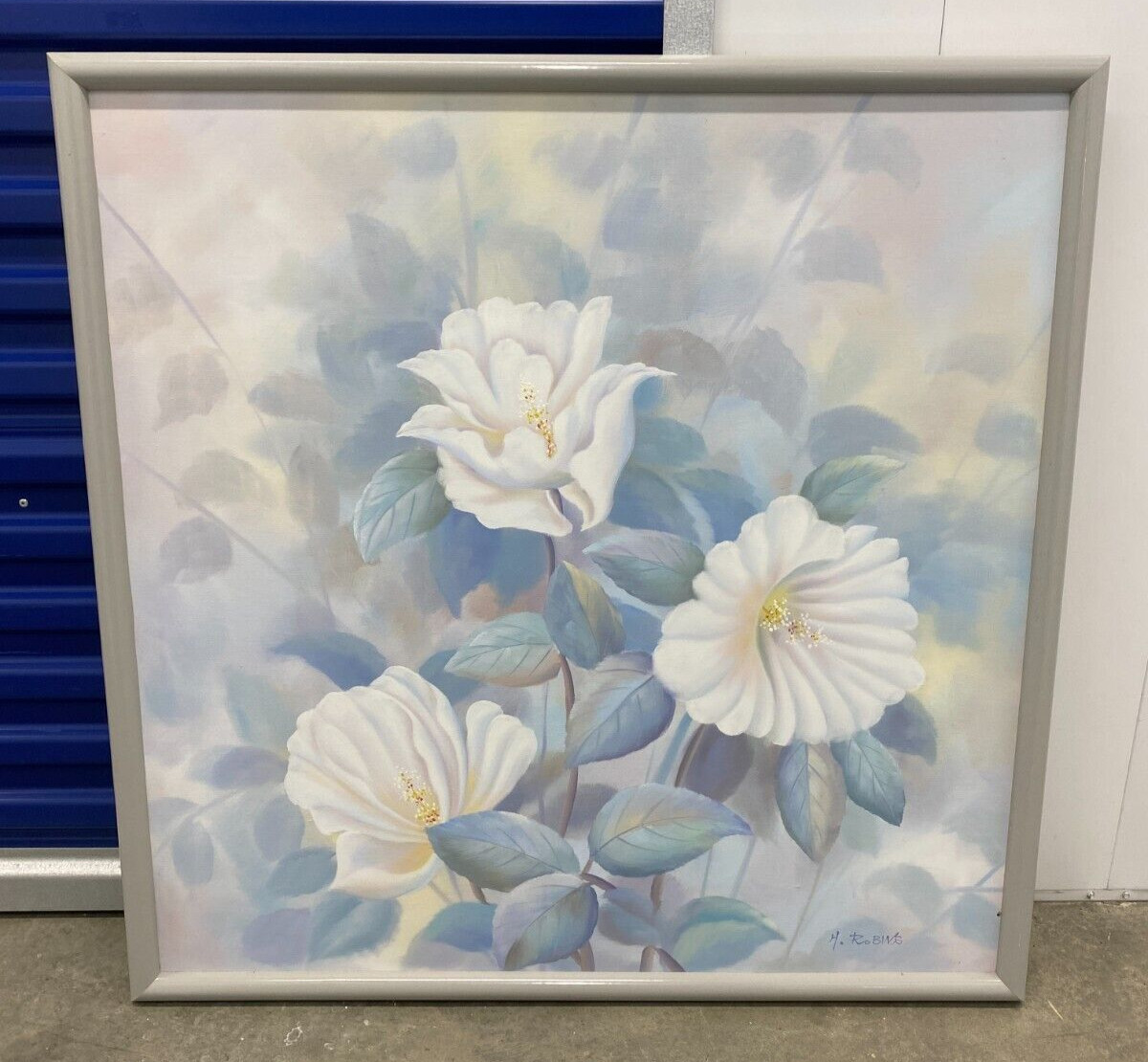 H. Robins 1973 «White Tulips» Painting 37″x37″ Franklin Picture Co Discontinued