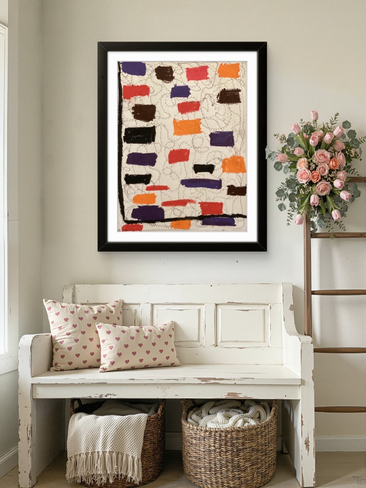 Modern Grid Square Neutral White Purple Abstract Art Original 11 by 14 on Paper