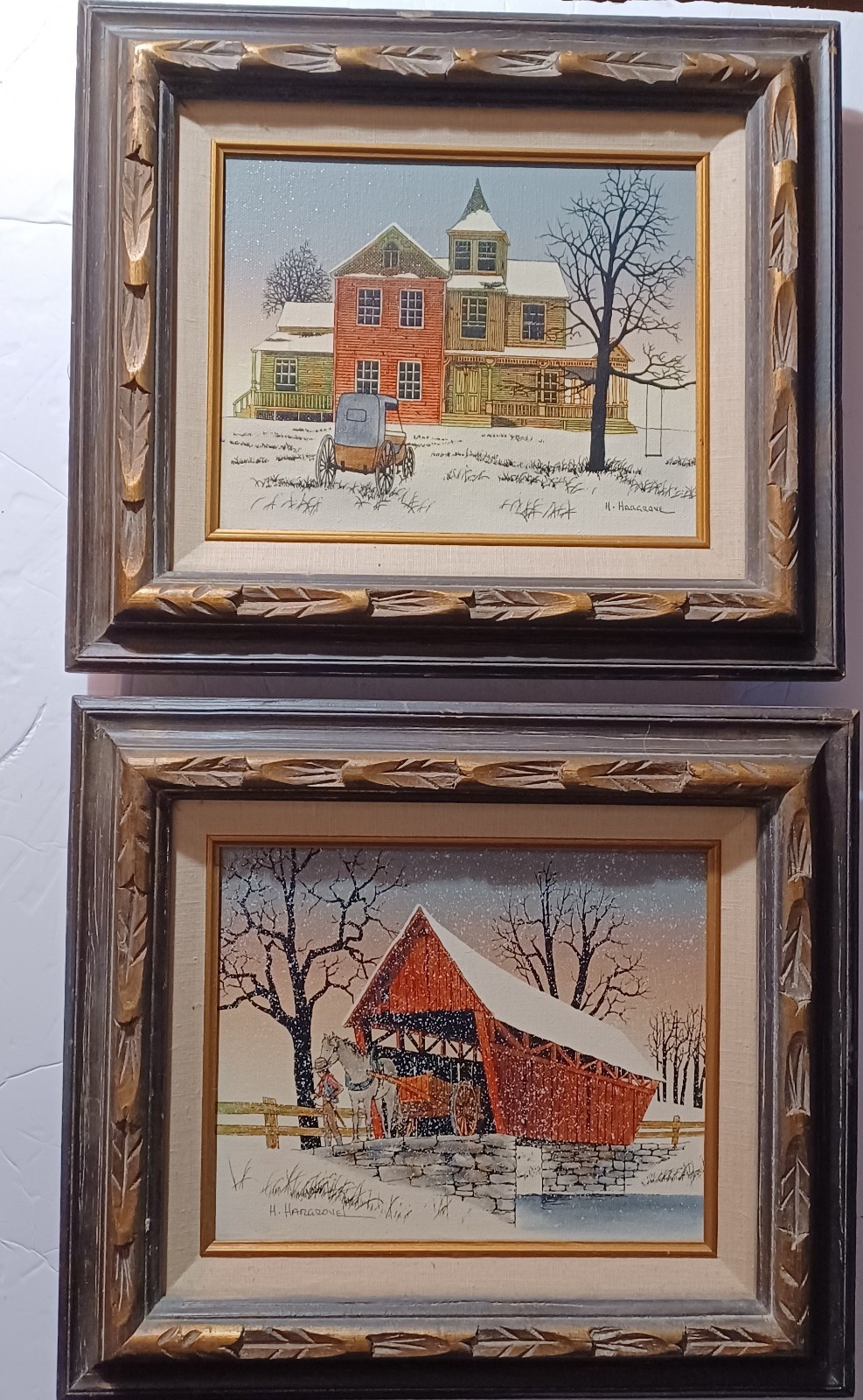 VTG Pair Of Textured Serigraphs Oil-based Prints On Canvas By H.Hargrove
