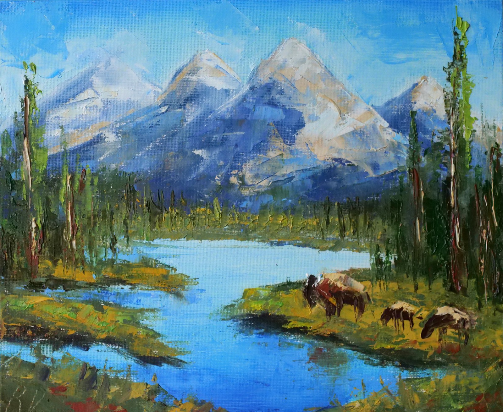 Grand Teton Bison Landscape 10×12″ Wildlife Mountain Lake Oil Painting