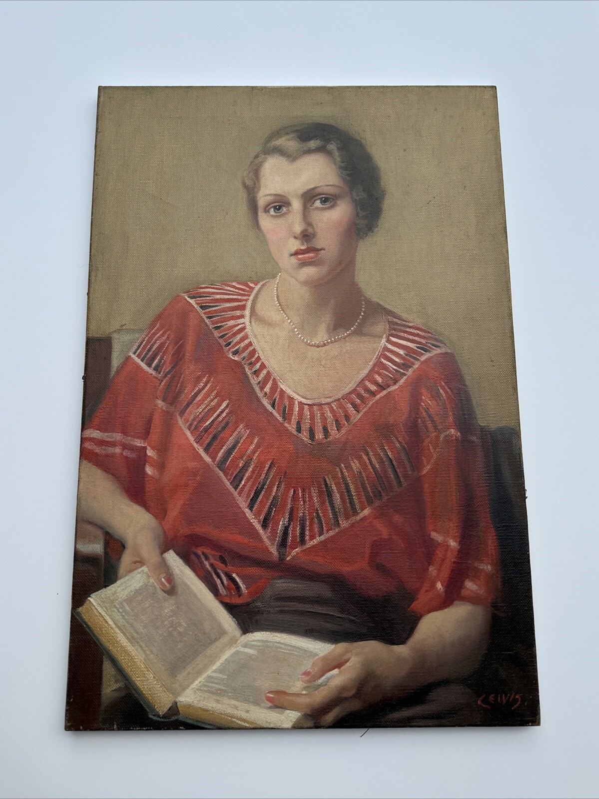 ANTIQUE PORTRAIT PAINTING PRETTY WOMAN FEMALE MODEL OIL ART DECO SIGNED LEWIS