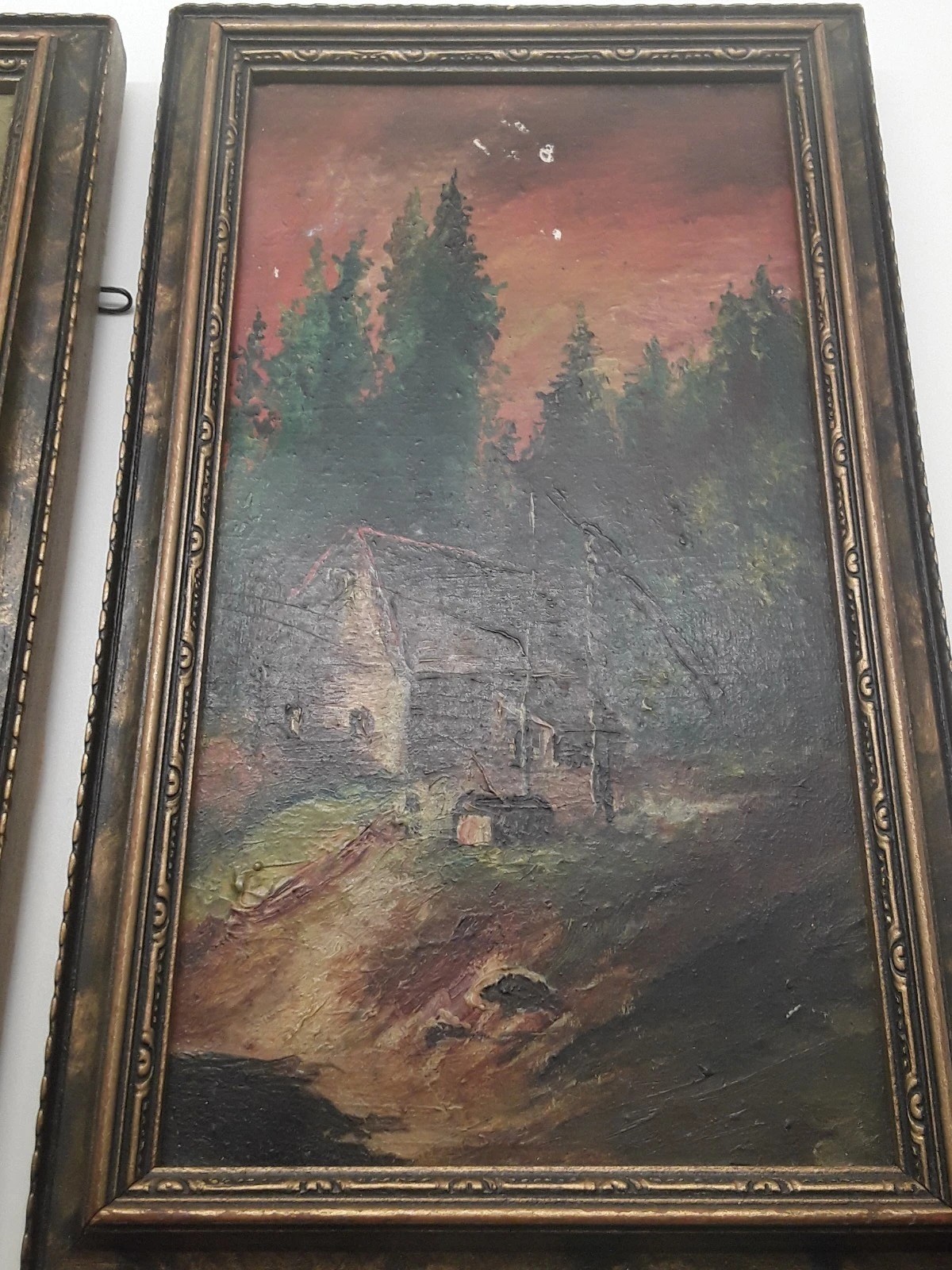 2 Lovely Small Framed Vintage Oil Paintings Sunrise & Sunset River Bank, Moody