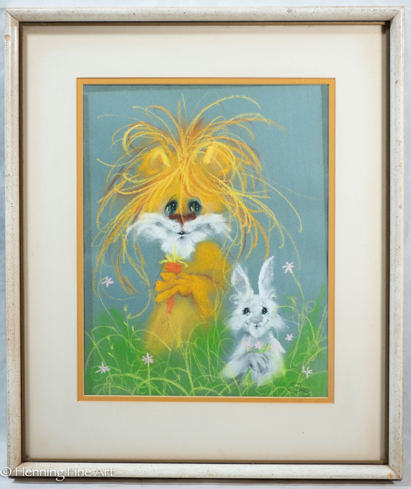 Whimsical Mid Century Painting of Lion and Bunny Rabbit Floral Signed Suzi, Fun!