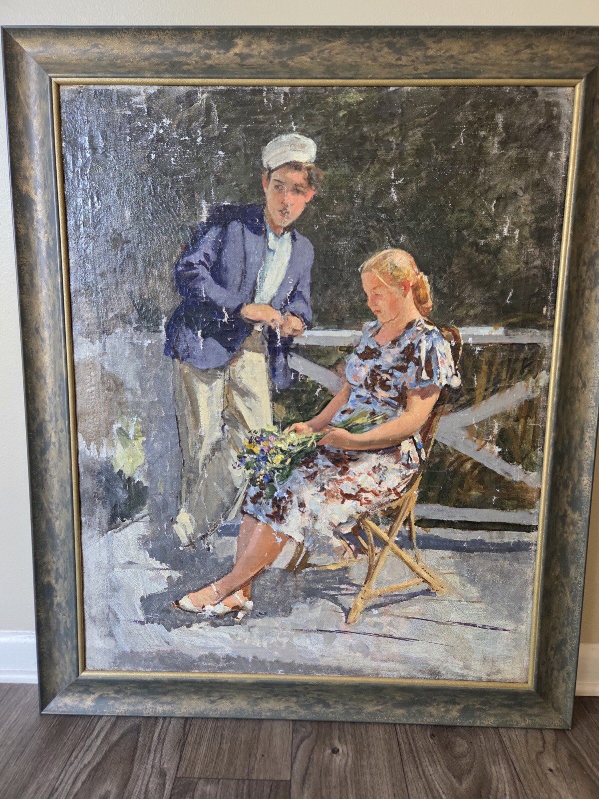 Mid Century Soviet Oil Painting Romantic Couple on Terrace Vintage